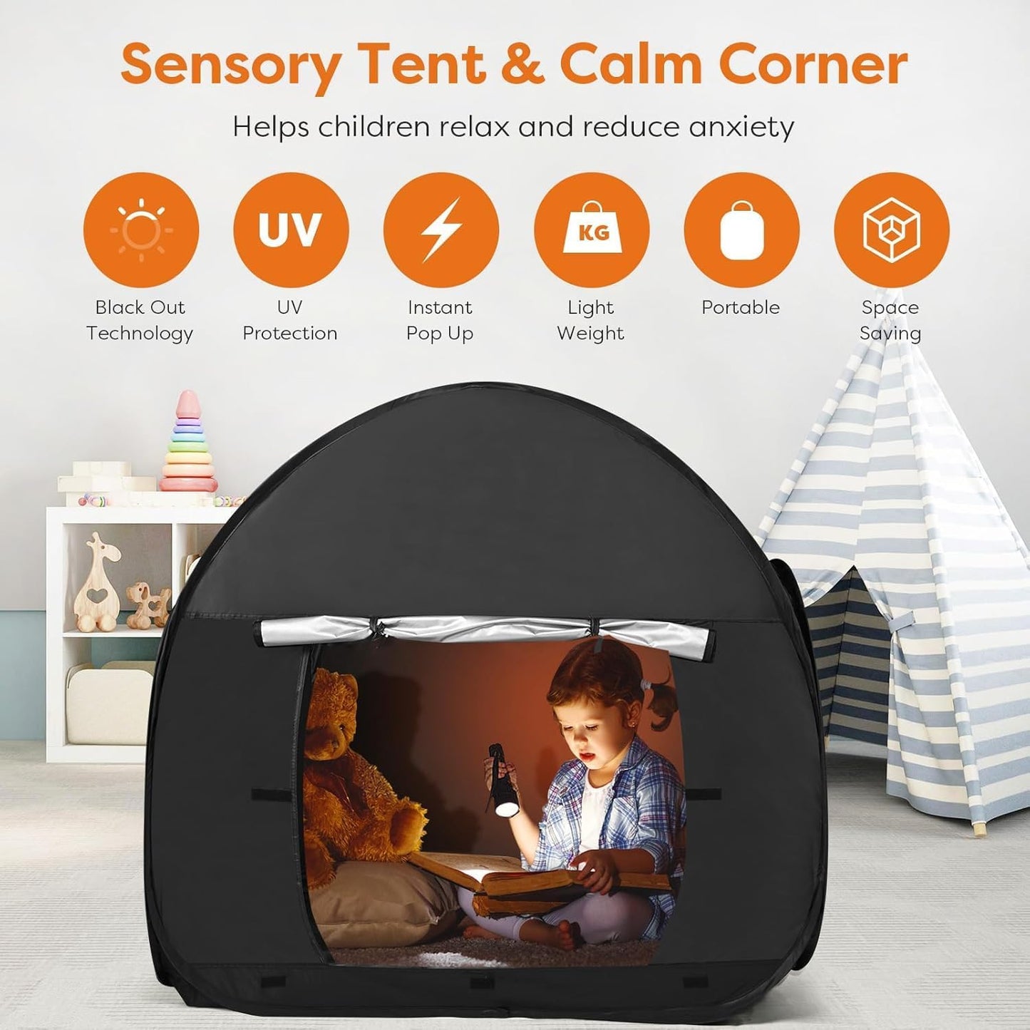 Large Sensory Tent for Kids with Autism- 47x47in Pop-Up Indoor Play Tent with Travel Bag for Calming Down & Improving Focus - Ideal for Children with Autism, ADHD, & SPD