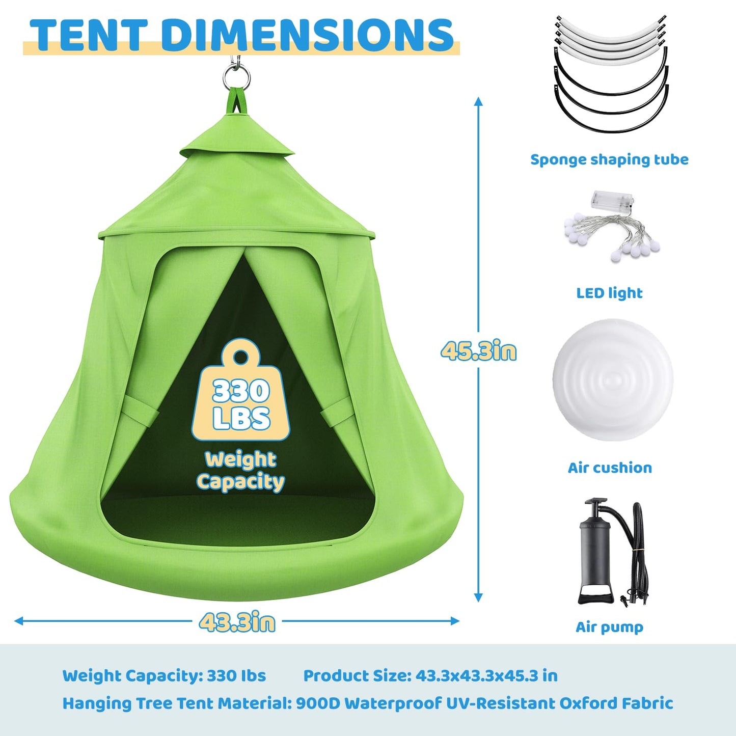 Swing Set with Tent Swing, X-Shaped Swing Frame with Sensory Swing, Metal 32mm Diameter Swing Stand with Tent Swing, 330 lbs Capacity, w/Rainbow Lights String, Indoor/Outdoor Use (Green)