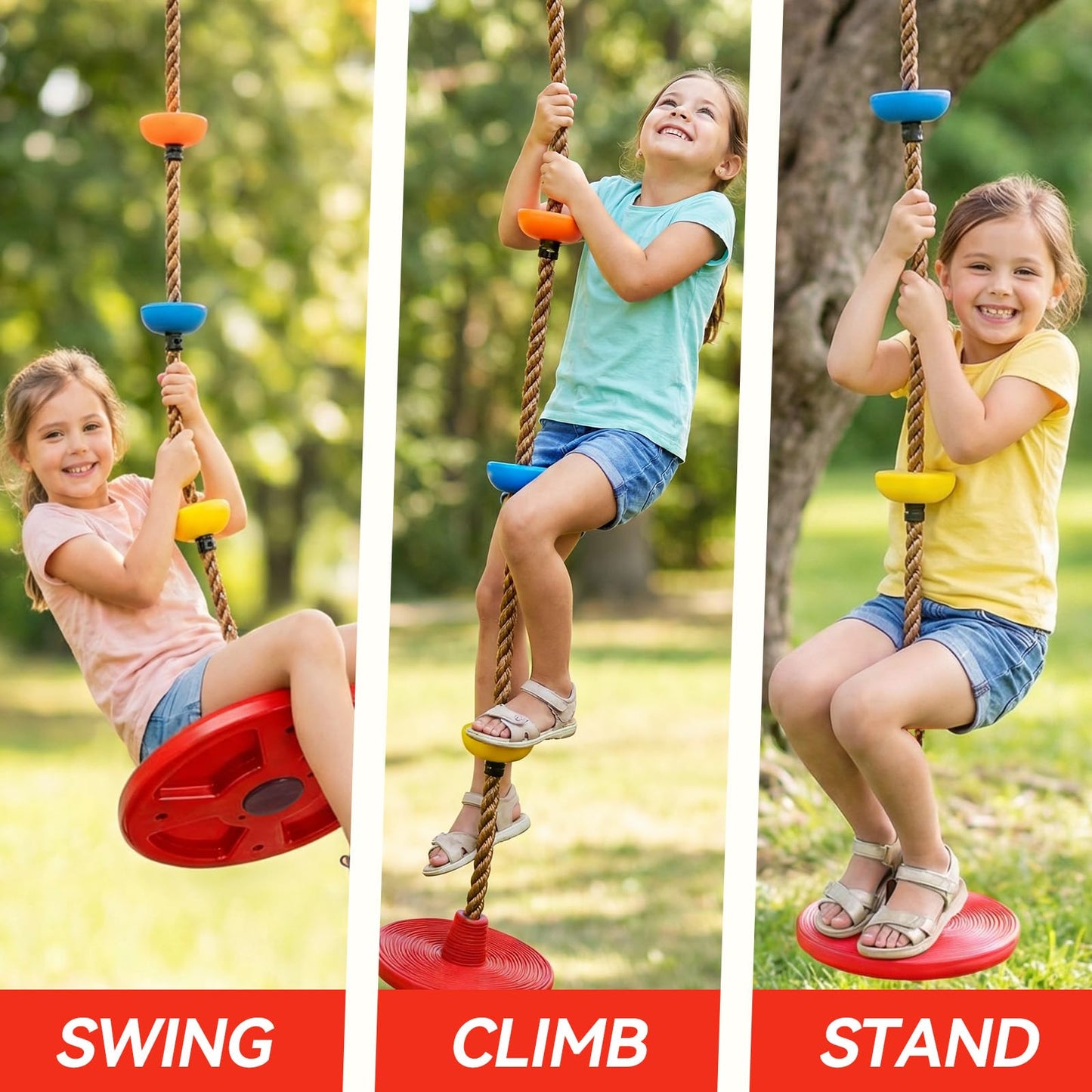 HeyZoo Tree Swing for Kids 330LB Capacity, Climbing Rope with Platforms and Disc Swing Seat Set Outdoor Backyard Playground Accessories with Carabiners and Thickened Strap, Green