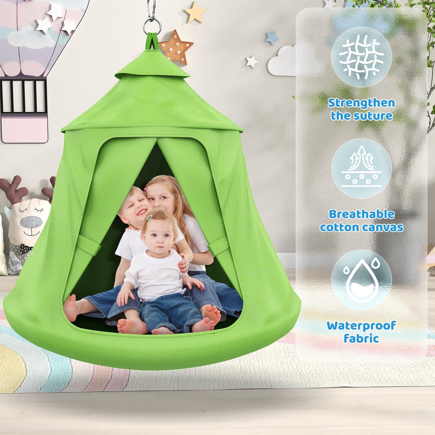 Swing Set with Tent Swing, X-Shaped Swing Frame with Sensory Swing, Metal 32mm Diameter Swing Stand with Tent Swing, 330 lbs Capacity, w/Rainbow Lights String, Indoor/Outdoor Use (Green)