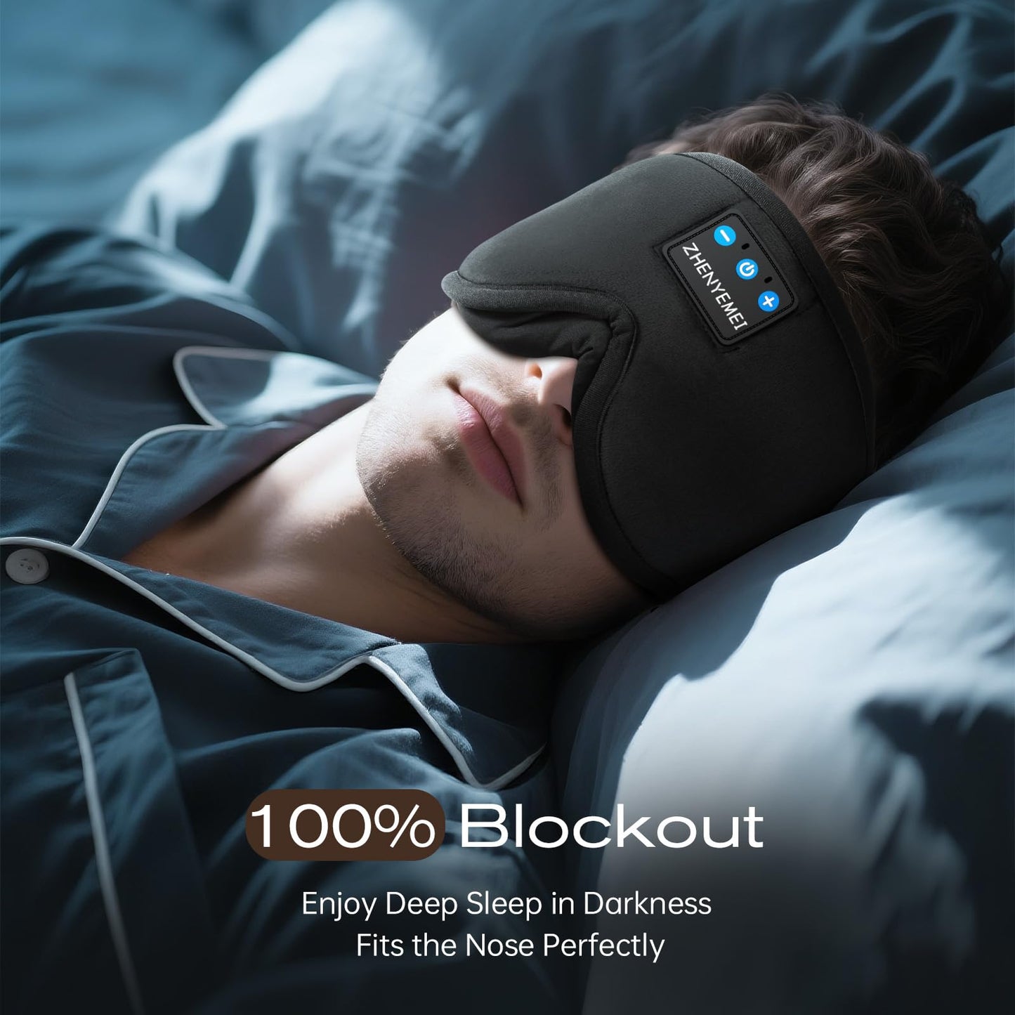 Bamboo Cotton Large Sleep Mask with Bluetooth Wireless Headphones - Blackout Eye Mask for Sleeping 3D Contoured Sleep Eye Cover Headband Ear Plugs Low Noise Hook for Men Women Better Experience (Grey)