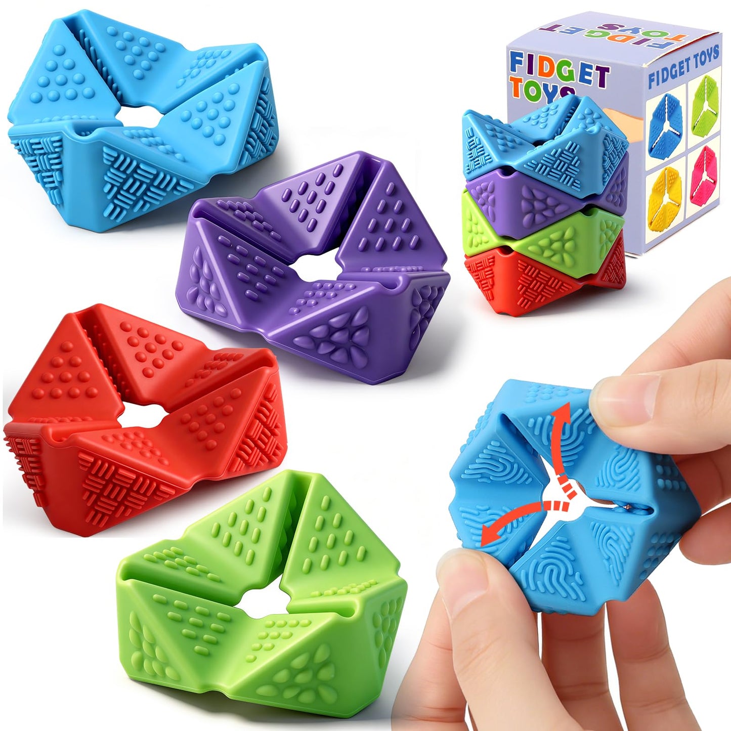 Sensory Fidget Toys, 4PCS Textures Sensory Flip Cube Quiet, Silicone Anxiety Relief for Autism ADHD, Novelty Toy for Kids or Adults, Best Gifts