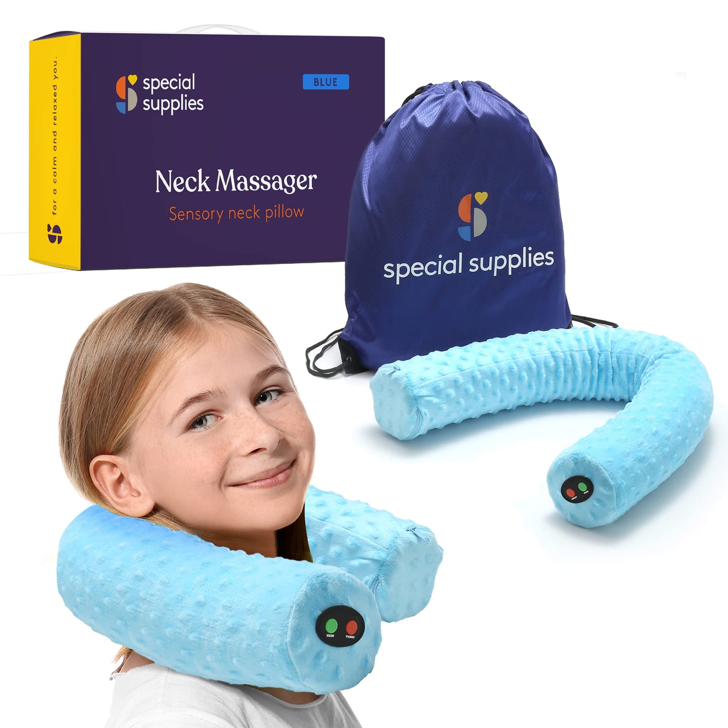 Special Supplies Sensory Vibrating Neck Pillow for Kids and Adults Plush Velvet Soft Cover with Textured Therapy Stimulation, Mind and Body Calming Relaxation - Blue