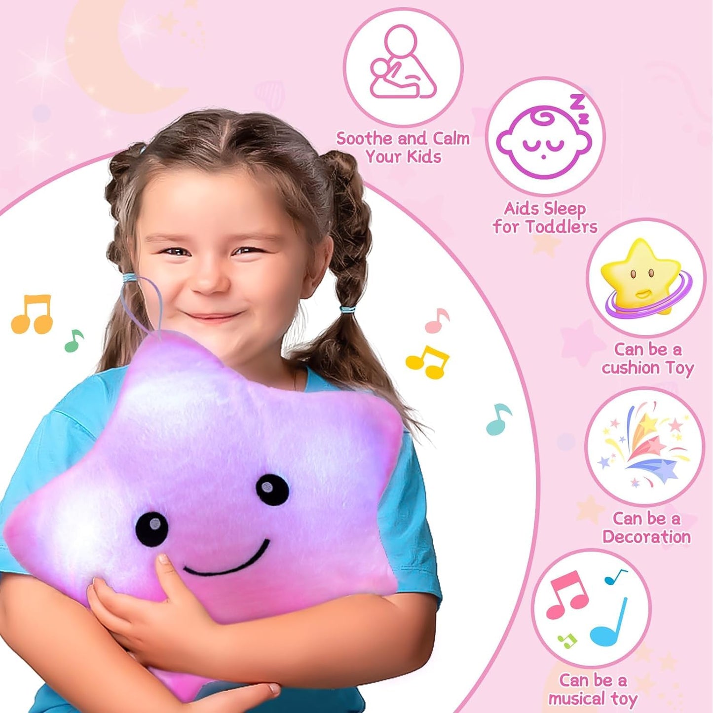 Subao Sensory Toys for Kids with Autism,14" Soft Toddler Pillow With Light &Music,Plush Star Night Light,Light Up Adhd Autism Sensory Products,Birthday Xmas Easter Gifts for Boys 3 4 5 6 7 8 9 10 Blue