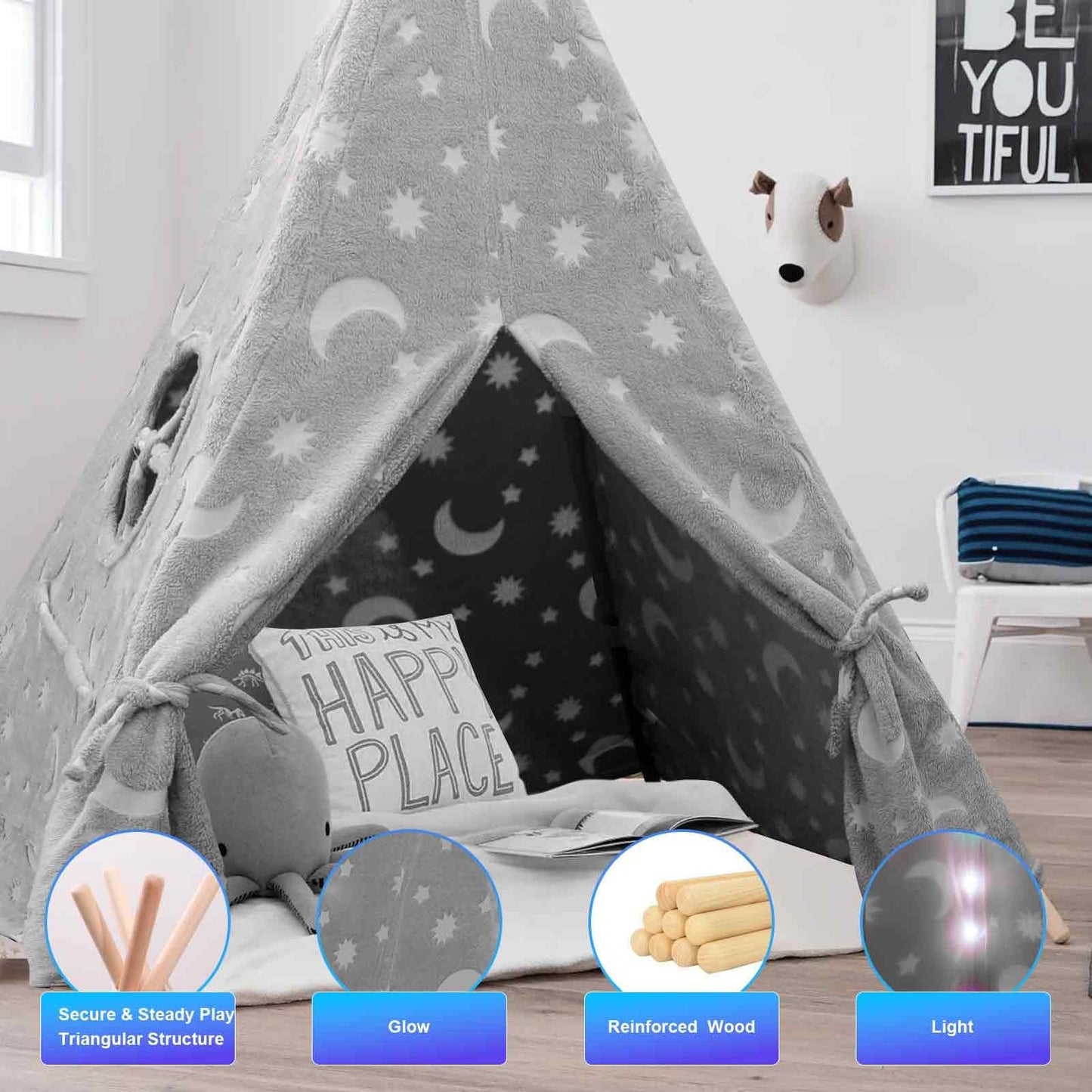 Teepee Tent for Kids,Portable Kids Play Tents,Indoor Glow Play Tent