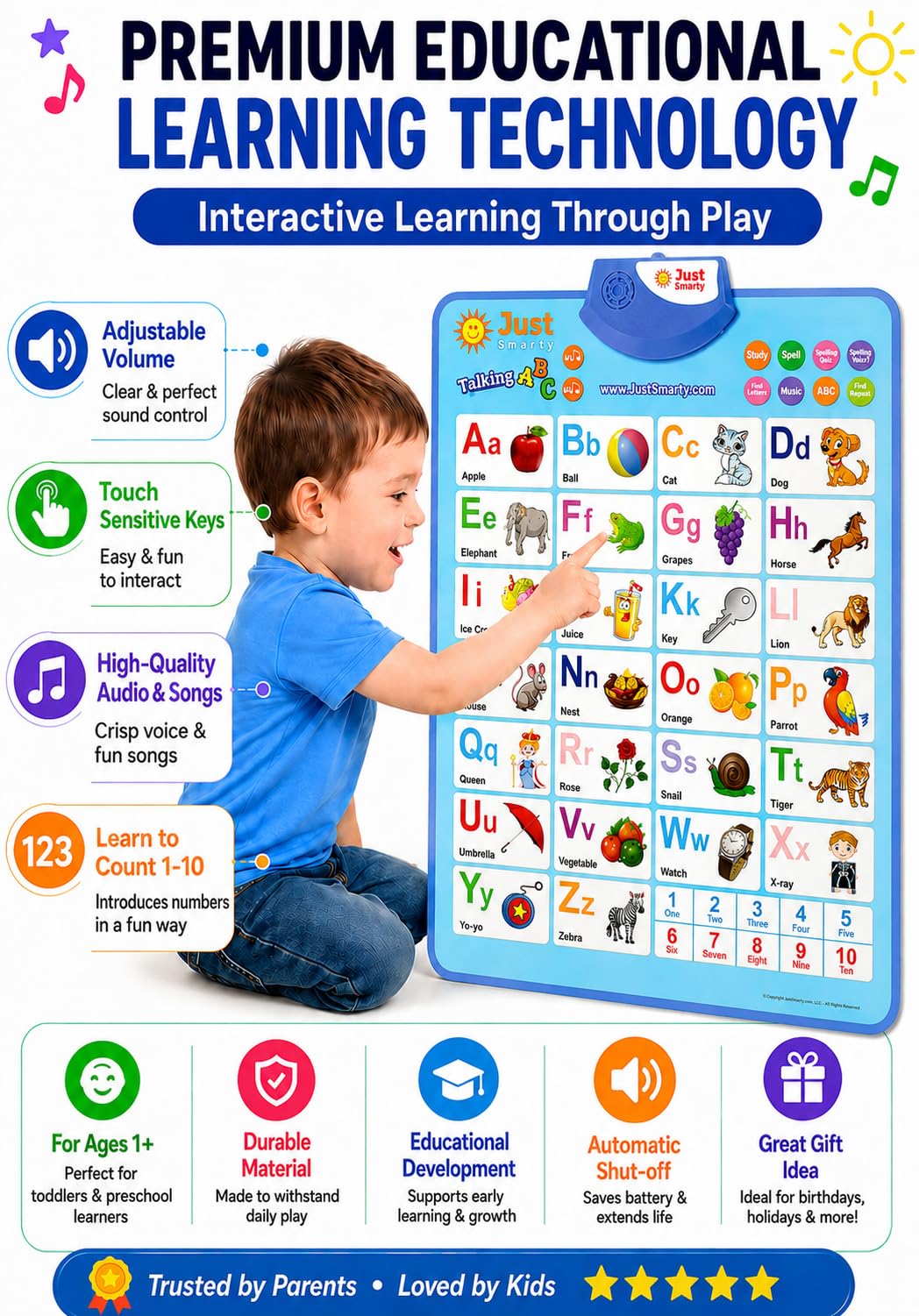 Just Smarty Interactive Alphabet Wall Chart, Blue | ABCs & 123s Learning for Toddlers 1-5, Educational Gift for Ages 1-5, Speech Therapy, Autism Toys
