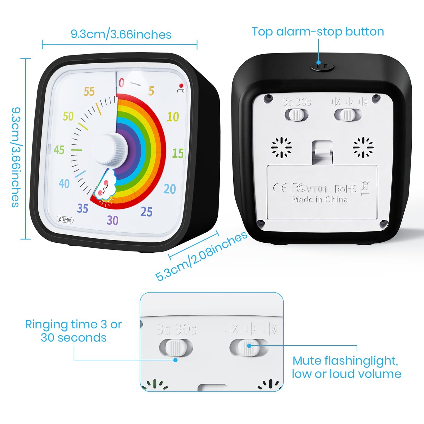 Yunbaoit Visual Timer with Protective Case, Rainbow Disk 60 Minute Countdown Timer for Kids and Adults, Silent Time Management Tool(Blue Rainbow)