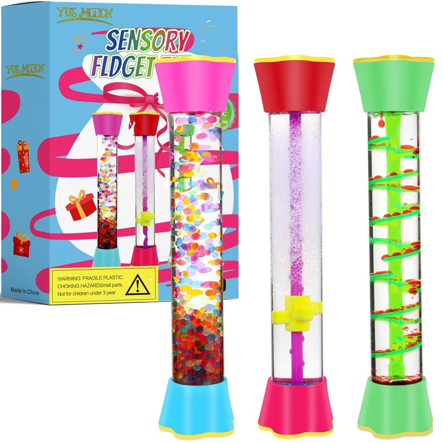 Sensory Fidget Tubes - Calming Toys for Kids & Adults- Sensory Tube with Glitter Bottle, Gravity Spinner, Bubble Drop Spiral - Fidget Toys for Classroom, Desk Decor, Office ( 2 Pack )