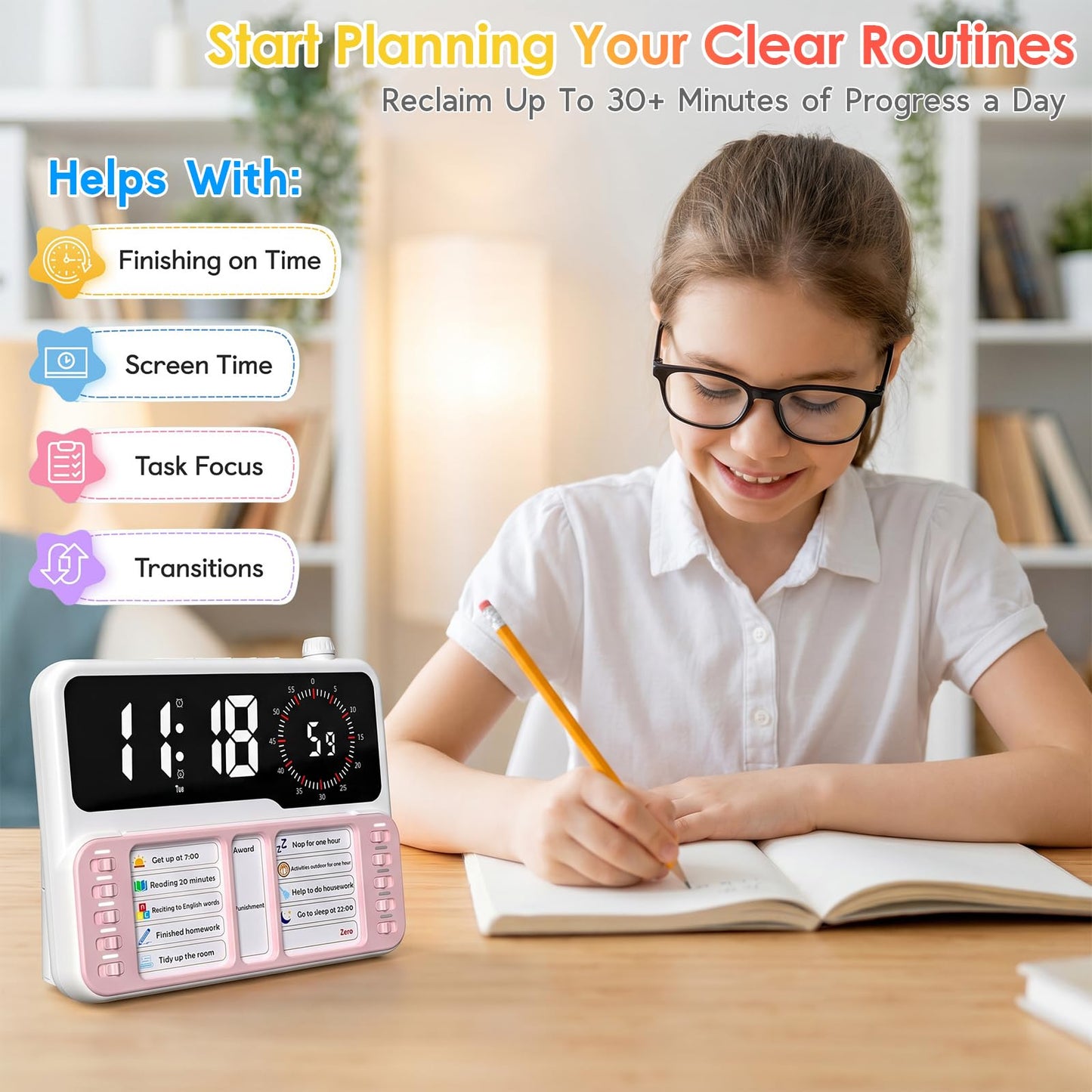7-in-1 Visual ADHD Timer for Kids with Chore Chart Board, ADHD Tools Schedule for Kids with Autism, Alarm, Countdown, Date, Temperature, Storage, Daily Checklist for Home/School/Classroom/Desk(Pink)
