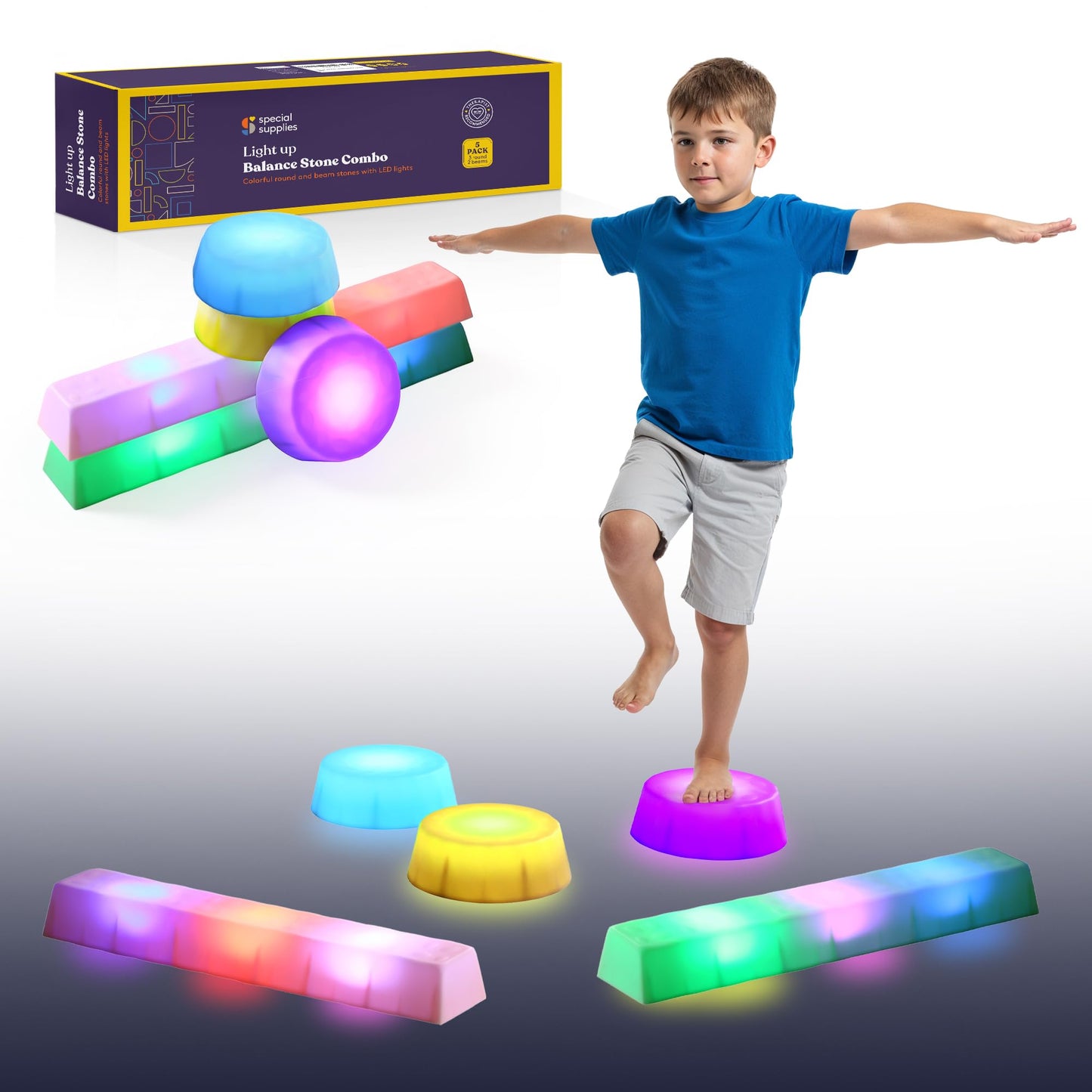 Special Supplies LED Stepping Stones for Kids -Light-Up Balance Blocks- Coordination & Balance for Toddlers & Children- Durable Non-Slip Rubber, Safe Indoor & Outdoor Play