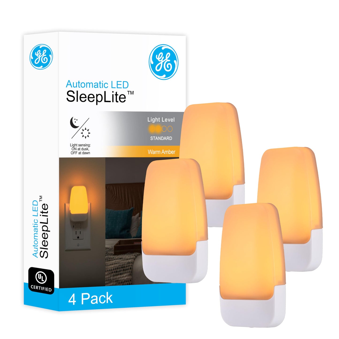 GE Sleeplite Night Lights Plug Into Wall, Dusk to Dawn Sensor, Ambient Lighting, Sleep Aid, Bathroom Décor, LED Lights for Bedroom, Apartment Essentials, Smart Home,76135, Amber, 2 Pack
