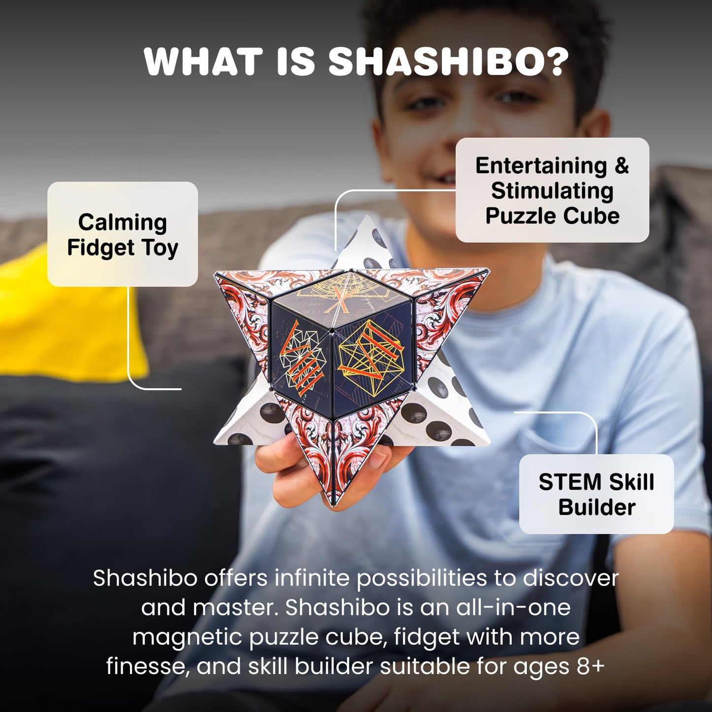 Shashibo Sensory Fidget Toy for Adults & Kids, Stress Relief Fidget Toy for Adults, Teens & Kids, Cool Fidget Toys for Desk, Classroom Must Have, Sensory Shape Shifting Cube, 100+ Possible Shapes