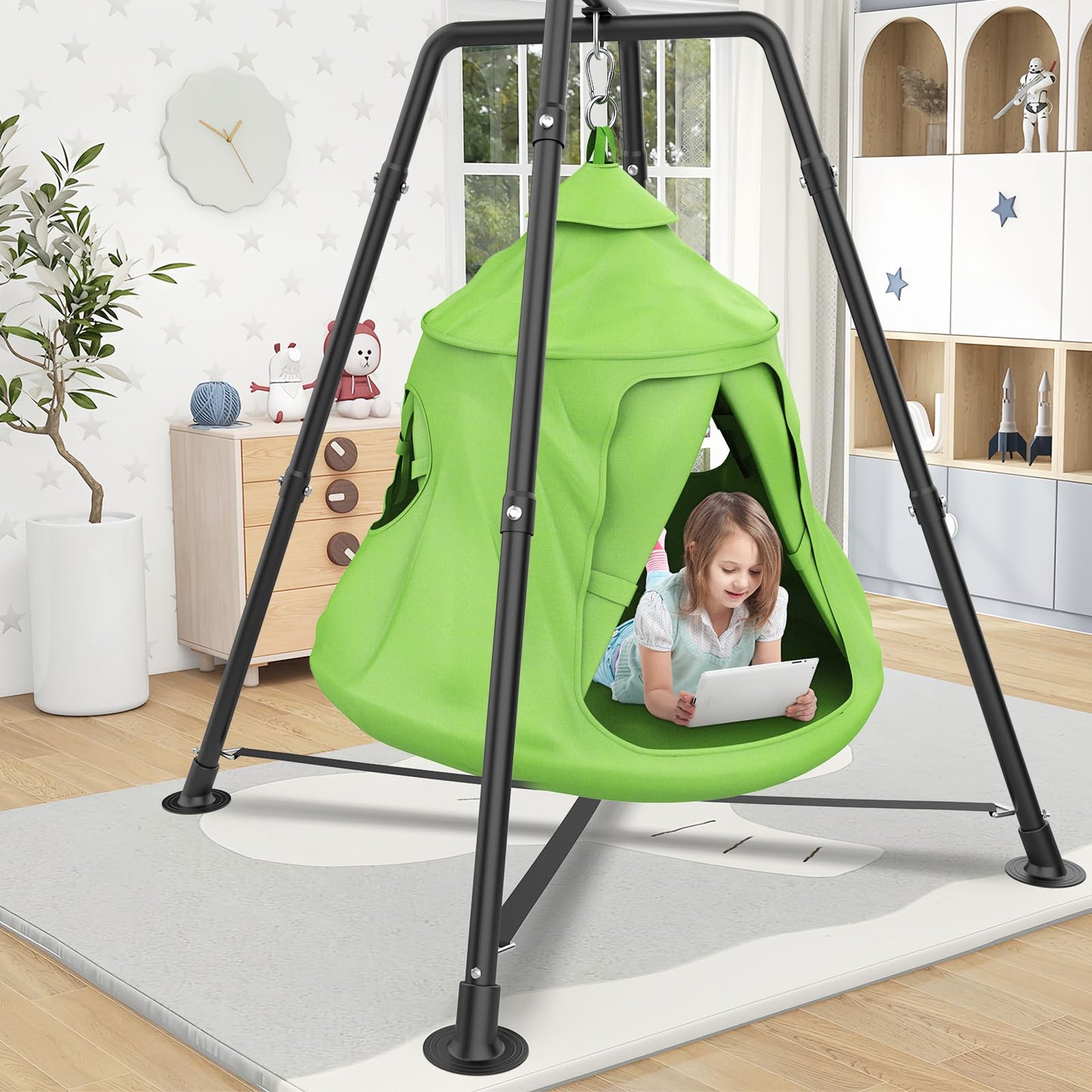 Swing Set with Tent Swing, X-Shaped Swing Frame with Sensory Swing, Metal 32mm Diameter Swing Stand with Tent Swing, 330 lbs Capacity, w/Rainbow Lights String, Indoor/Outdoor Use (Green)