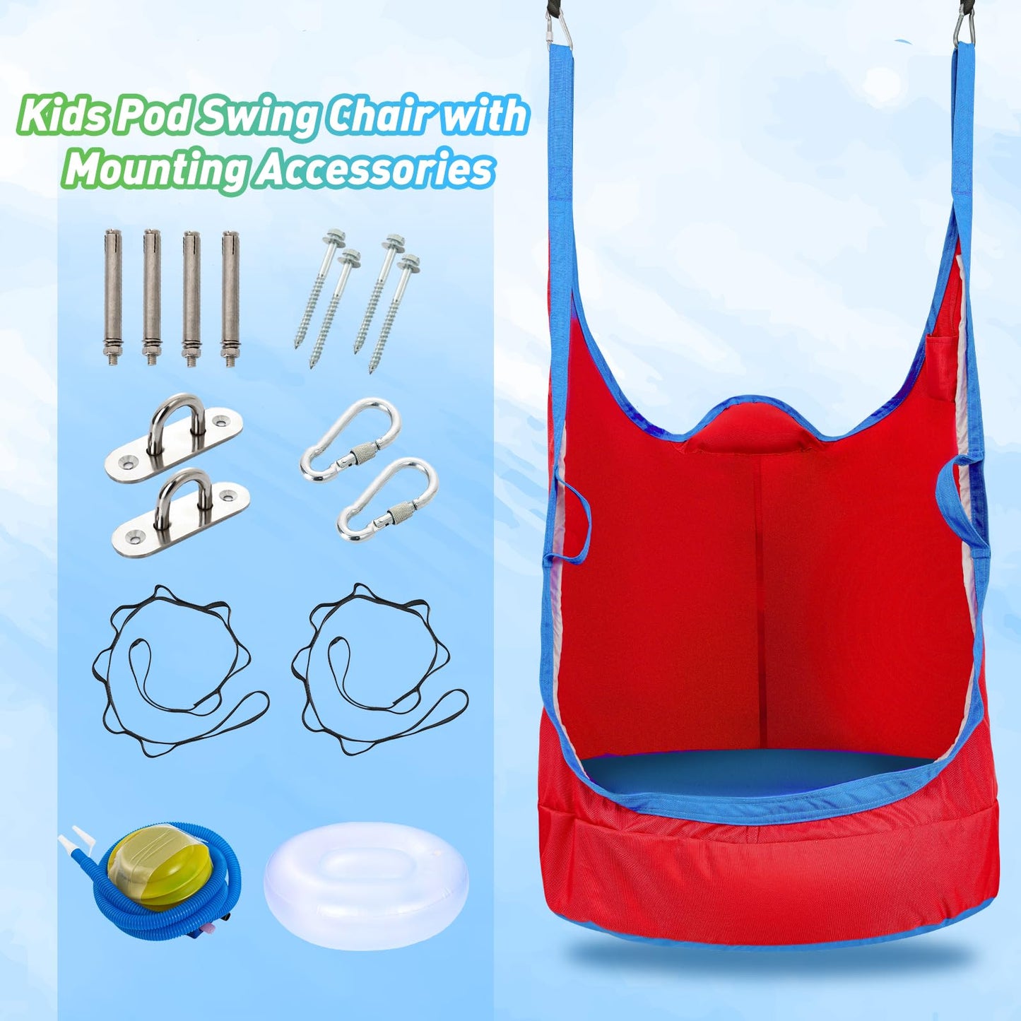 Upgraded Kids Pod Swing Chair,Child Hanging Hammock Chair with Led Lights,900D Oxford Cloth Pod Swing Seat for Indoor and Outdoor with All Accessories (Blue)