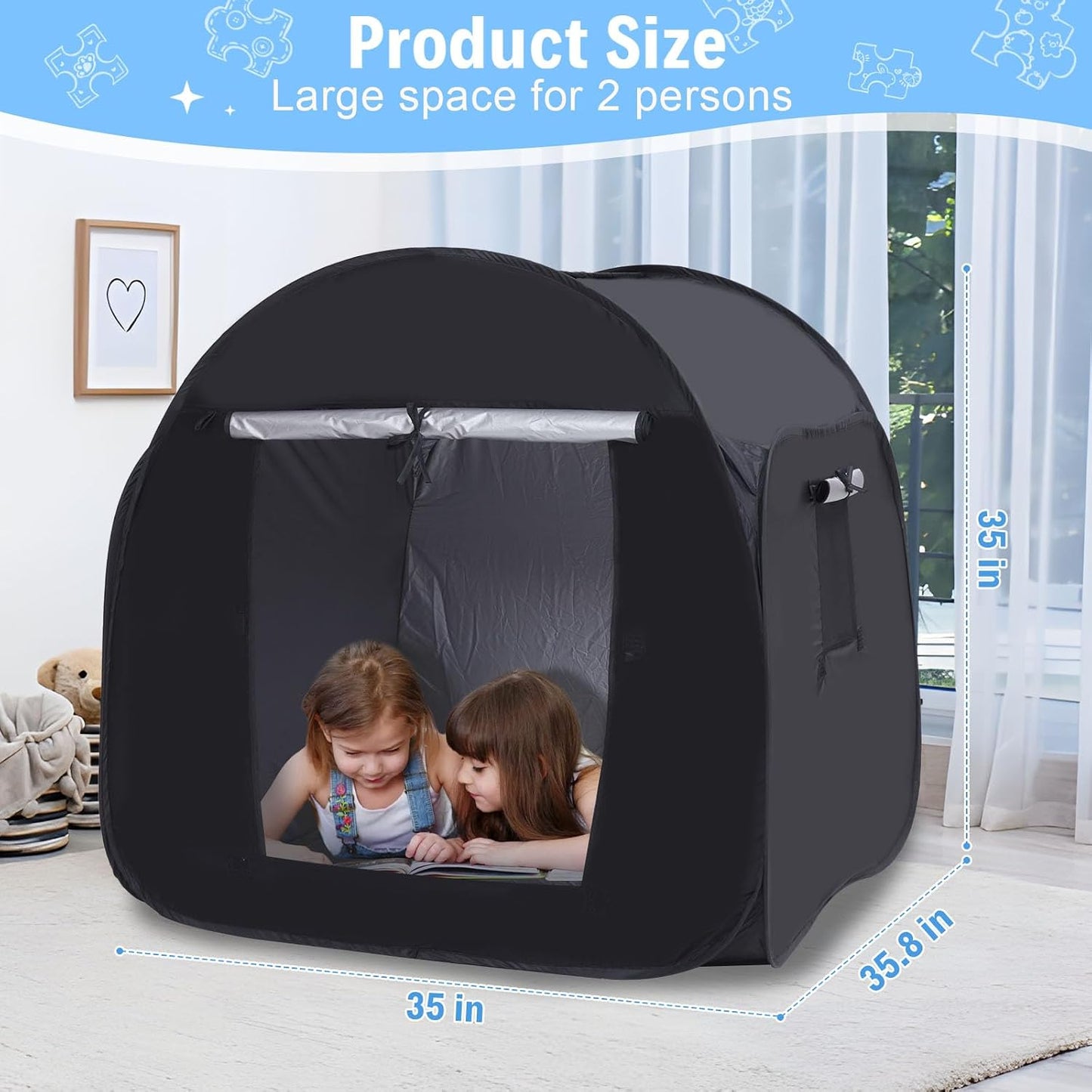 Kids Pop-up Sensory Tent, Foldable Blackout Tent for Children with Autism and ADHD, Calm Corner with Cognitive Toys Included, with Mesh Windows， Ideal for Kids with Special Sensory Needs | Includes Sensory Mats, Emotion Flashcards, Counting Toys, 35.4" Co