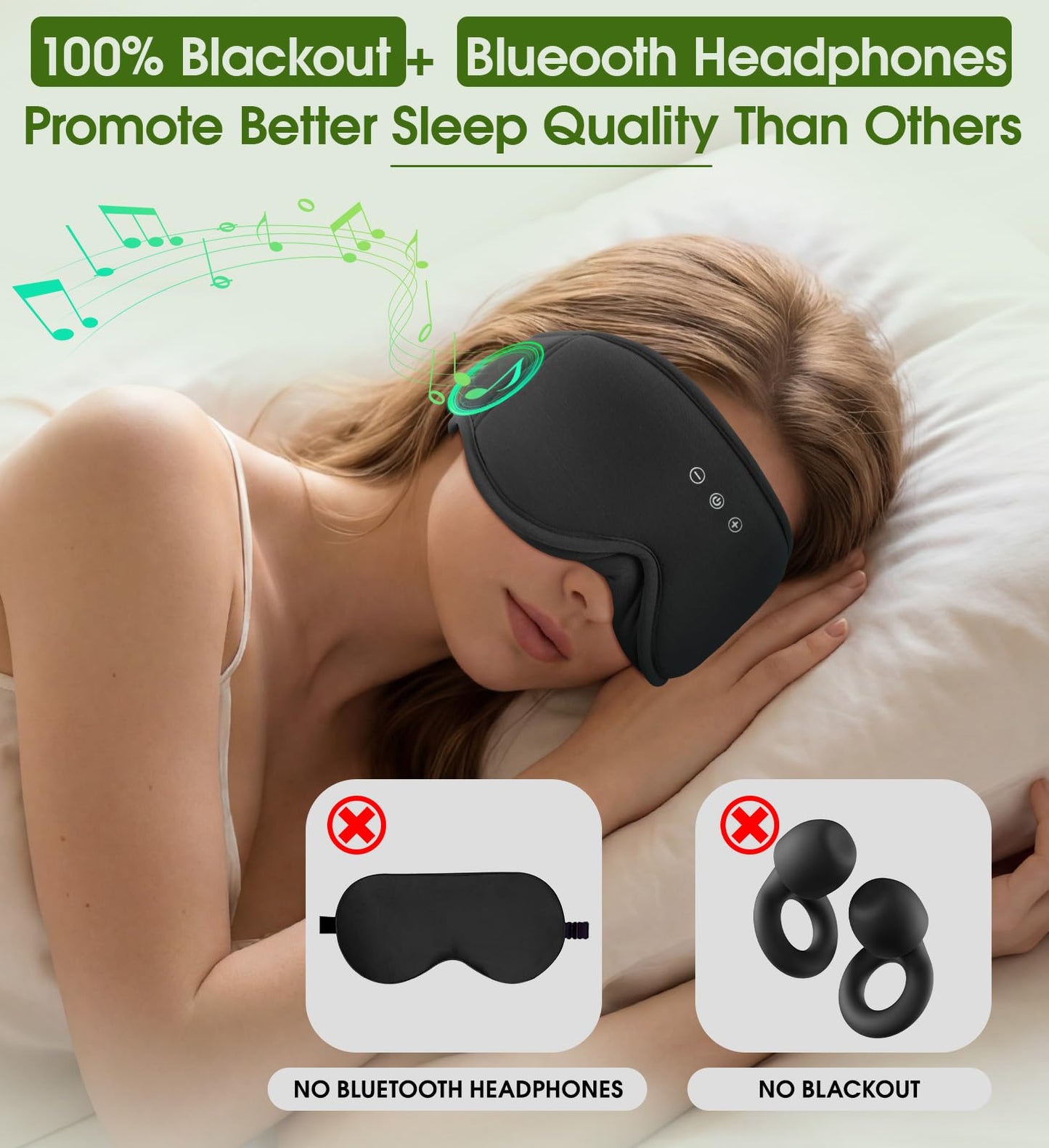 Bamboo Cotton Large Sleep Mask with Bluetooth Wireless Headphones - Blackout Eye Mask for Sleeping 3D Contoured Sleep Eye Cover Headband Ear Plugs Low Noise Hook for Men Women Better Experience (Grey)