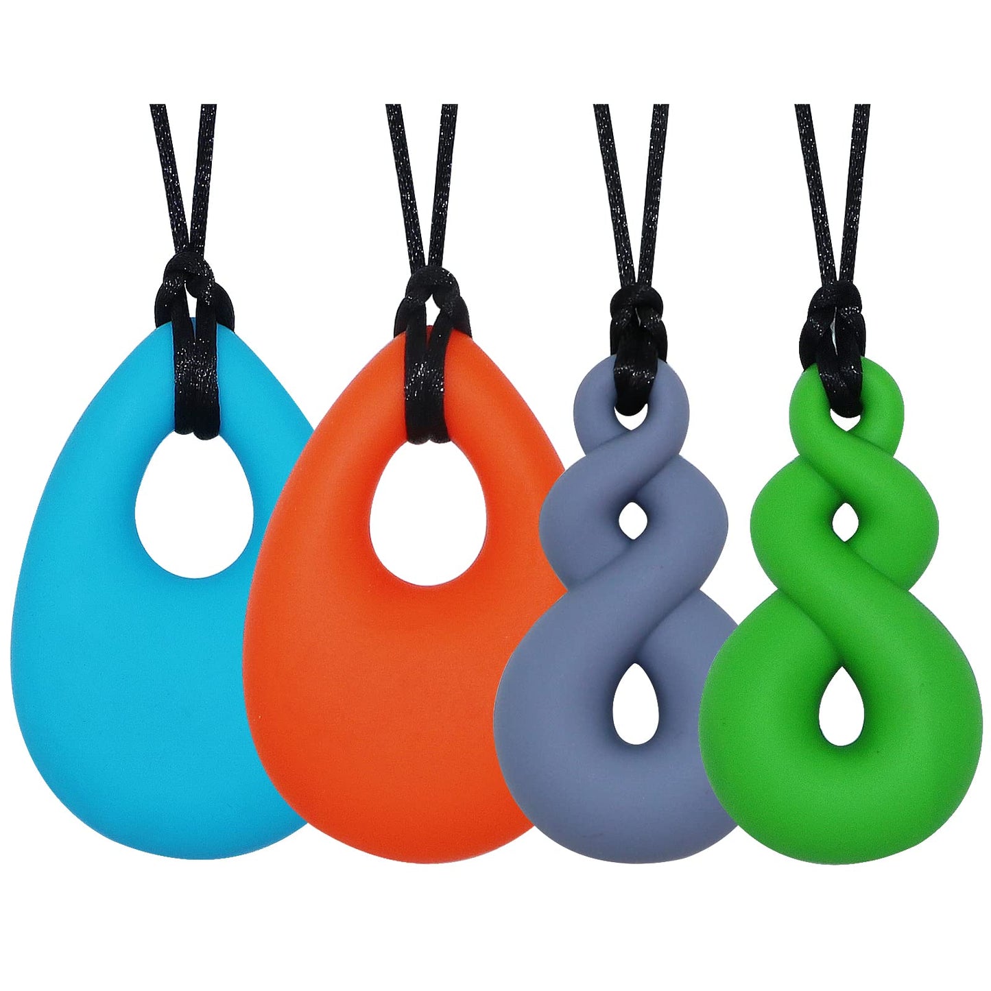 Chew Necklace for Boys and Girls, Silicone Chewy Necklace Sensory Toys for Kids Teardrop Twist Pendants, Chewing Toys for Autism or Oral Motor Special Needs BPA Free - 4 PCS Set