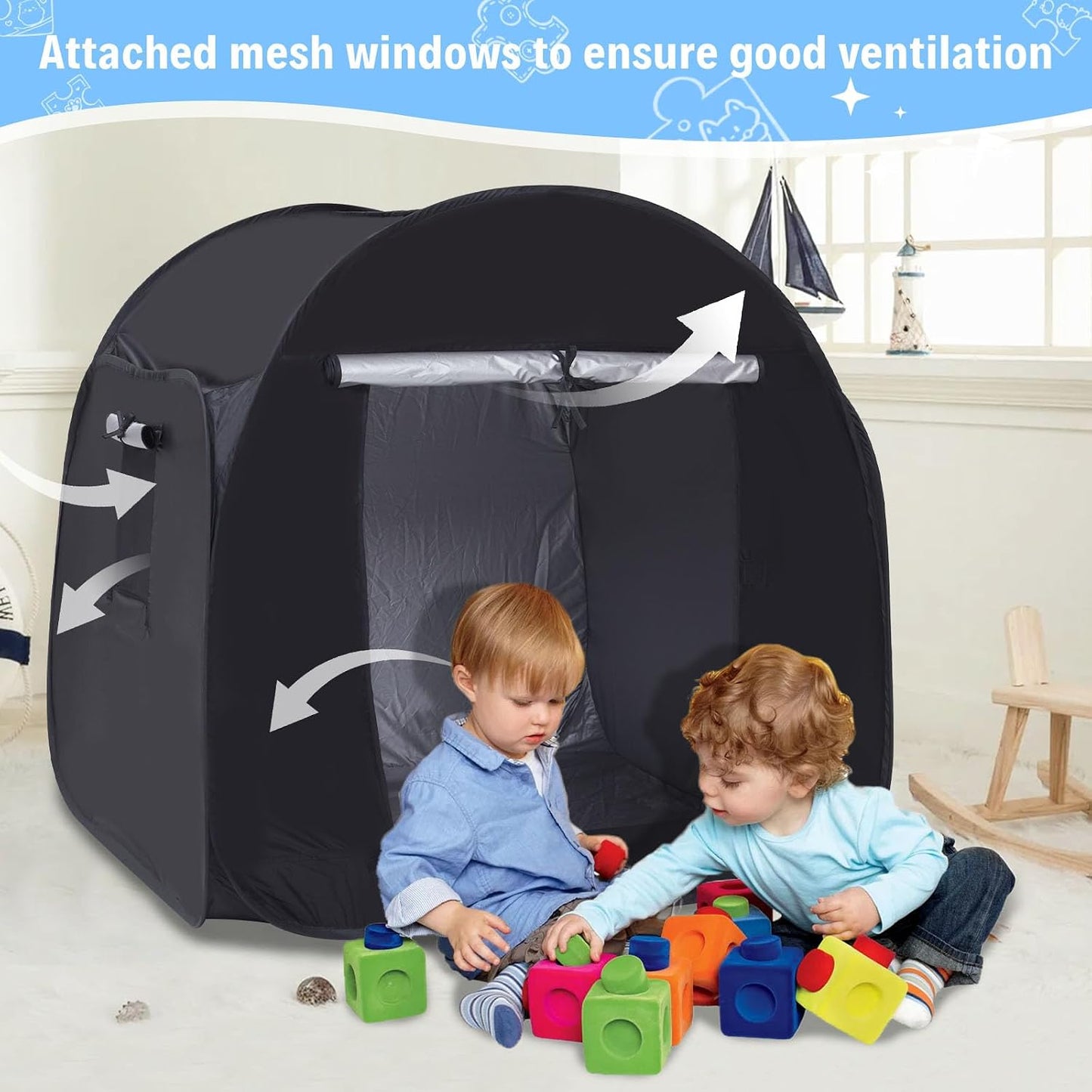 Kids Pop-up Sensory Tent, Foldable Blackout Tent for Children with Autism and ADHD, Calm Corner with Cognitive Toys Included, with Mesh Windows， Ideal for Kids with Special Sensory Needs | Includes Sensory Mats, Emotion Flashcards, Counting Toys, 35.4" Co