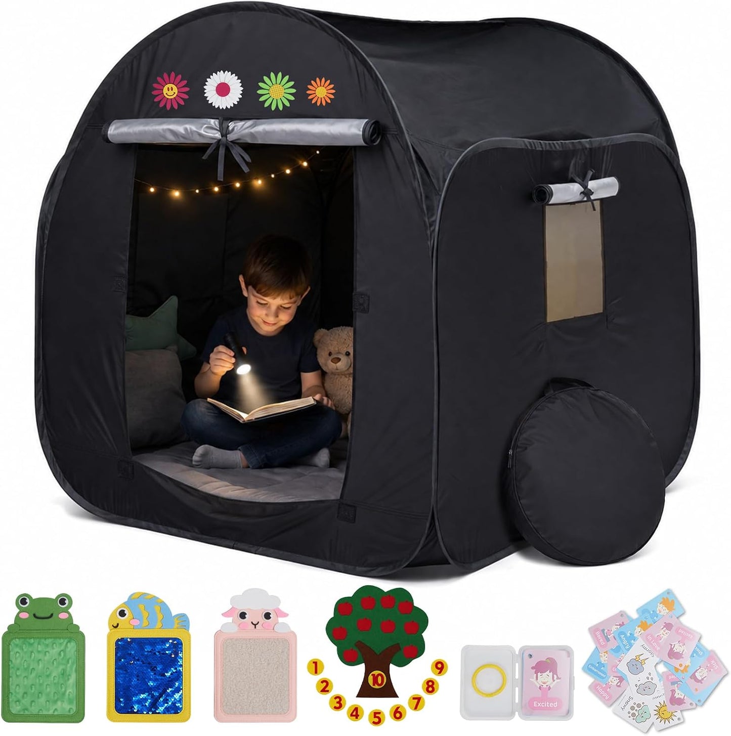 Kids Pop-up Sensory Tent, Foldable Blackout Tent for Children with Autism and ADHD, Calm Corner with Cognitive Toys Included, with Mesh Windows， Ideal for Kids with Special Sensory Needs | Includes Sensory Mats, Emotion Flashcards, Counting Toys, 35.4" Co