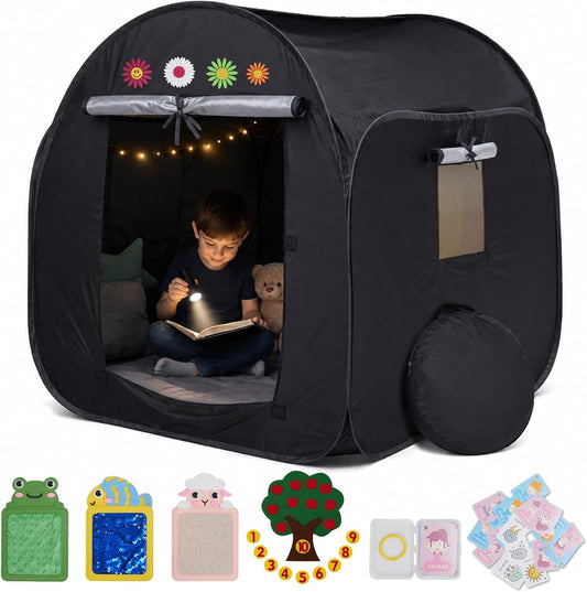 Kids Pop-up Sensory Tent, Foldable Blackout Tent for Children with Autism and ADHD, Calm Corner with Cognitive Toys Included, with Mesh Windows， Ideal for Kids with Special Sensory Needs | Includes Sensory Mats, Emotion Flashcards, Counting Toys, 35.4" Co