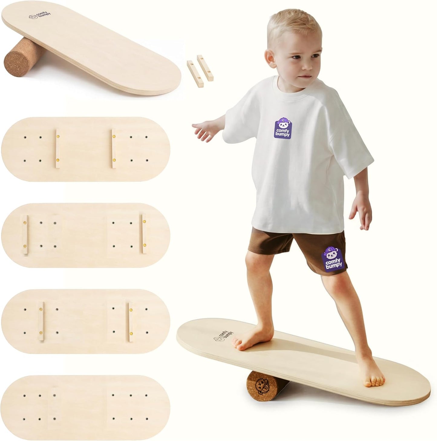 ComfyBumpy Balance Board for Kids with Cork Roller, 30" x 12" Wooden Balance Board, 4 Adjustable Levels, 400 lb Capacity, Progressive Balance Trainer for Kids, Parents & Family Play