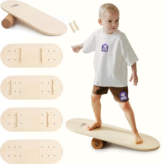 ComfyBumpy Balance Board for Kids with Cork Roller, 30" x 12" Wooden Balance Board, 4 Adjustable Levels, 400 lb Capacity, Progressive Balance Trainer for Kids, Parents & Family Play