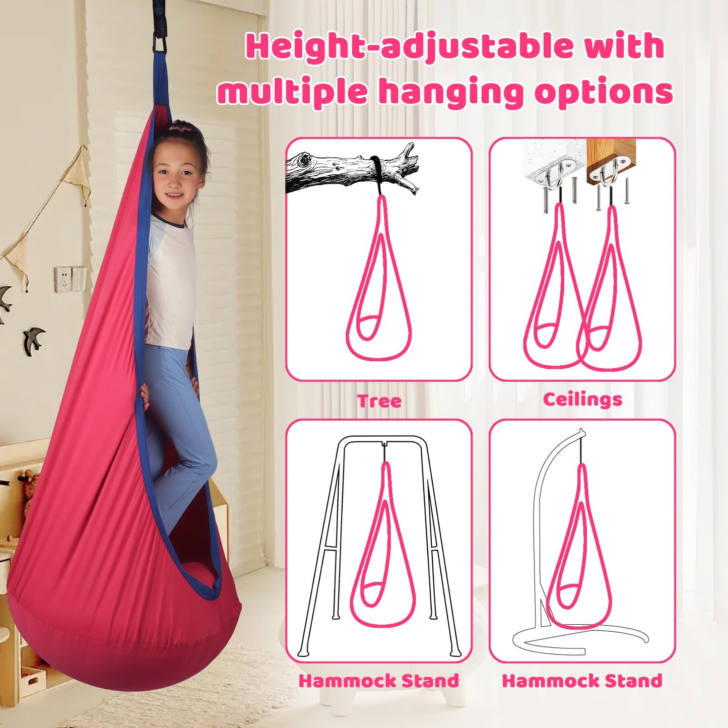 HiCamer Sensory Swing for Kids indoor and outdoor Pod hammock Chair Seat Upgrade Max 300 lbs Hanging Swing with Inflatable Cushion Includes Hardware Hanger Kit for Aspergers Autism ADHD (Cranberry)