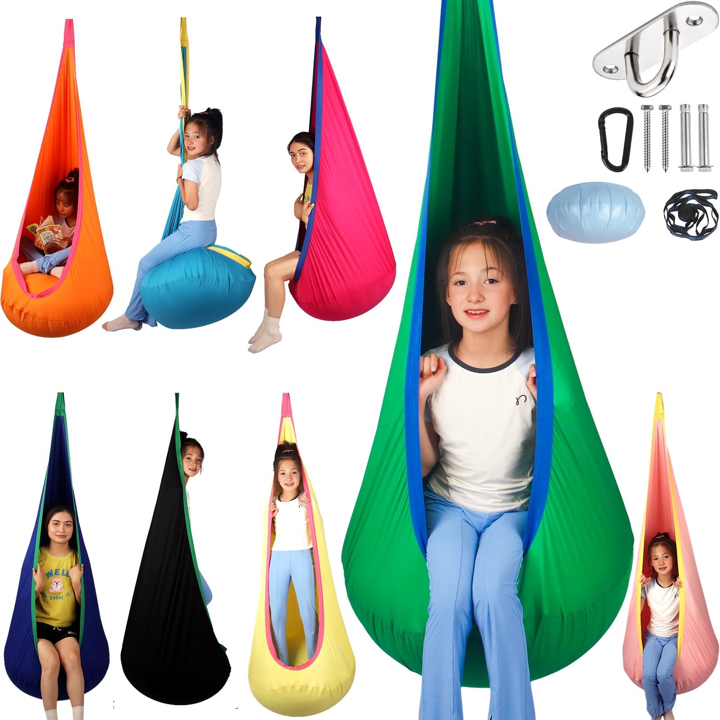 HiCamer Sensory Swing for Kids indoor and outdoor Pod hammock Chair Seat Upgrade Max 300 lbs Hanging Swing with Inflatable Cushion Includes Hardware Hanger Kit for Aspergers Autism ADHD (Cranberry)