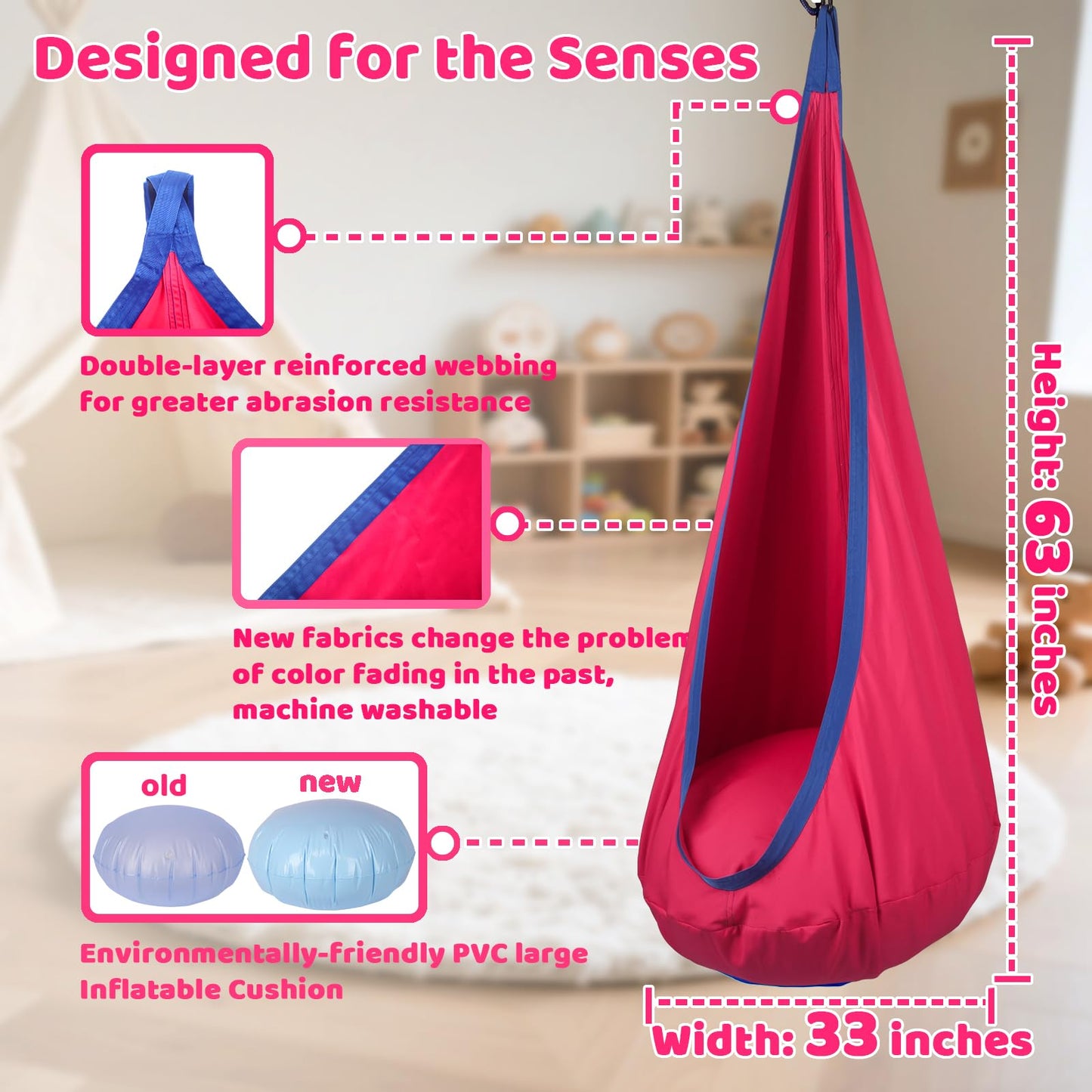 HiCamer Sensory Swing for Kids indoor and outdoor Pod hammock Chair Seat Upgrade Max 300 lbs Hanging Swing with Inflatable Cushion Includes Hardware Hanger Kit for Aspergers Autism ADHD (Cranberry)