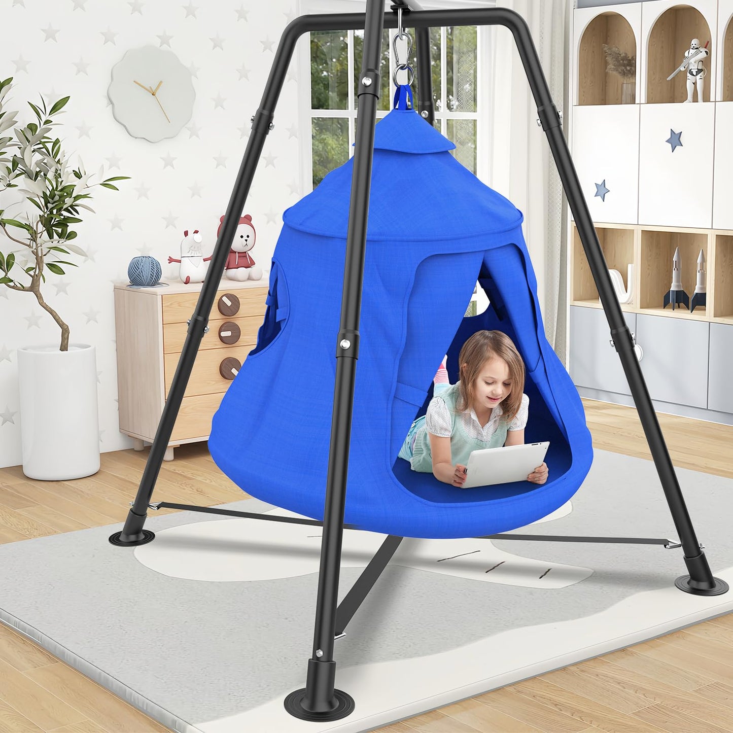 Swing Set with Tent Swing, X-Shaped Swing Frame with Sensory Swing, Metal 32mm Diameter Swing Stand with Tent Swing, 330 lbs Capacity, w/Rainbow Lights String, Indoor/Outdoor Use (Green)