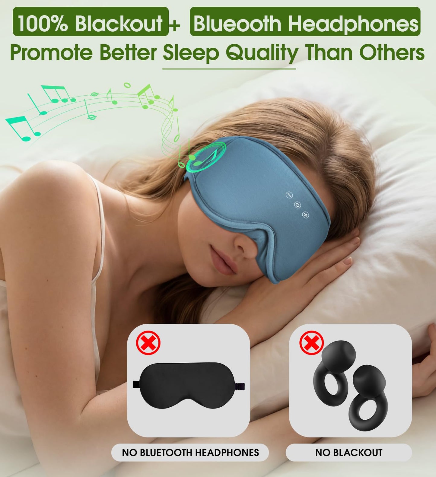 Bamboo Cotton Large Sleep Mask with Bluetooth Wireless Headphones - Blackout Eye Mask for Sleeping 3D Contoured Sleep Eye Cover Headband Ear Plugs Low Noise Hook for Men Women Better Experience (Grey)