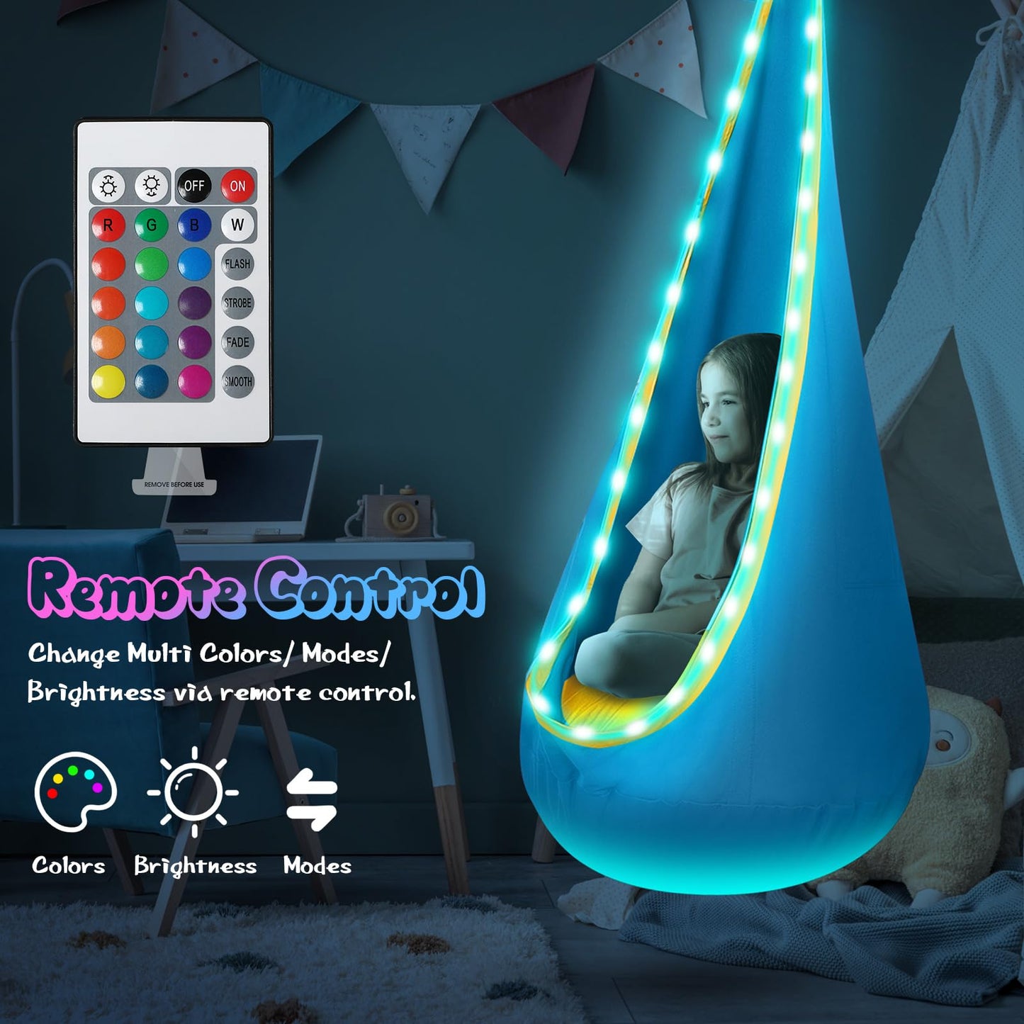 Light Up Kids Pod Swing Seat, Upgraded Kids Hanging Hammock Swing with LED Lights, Cotton Sensory Pod Swing Chair with Inflatable Pillow, Pod Swing for Kids Indoor & Outdoor (1 PCS) (Blue)