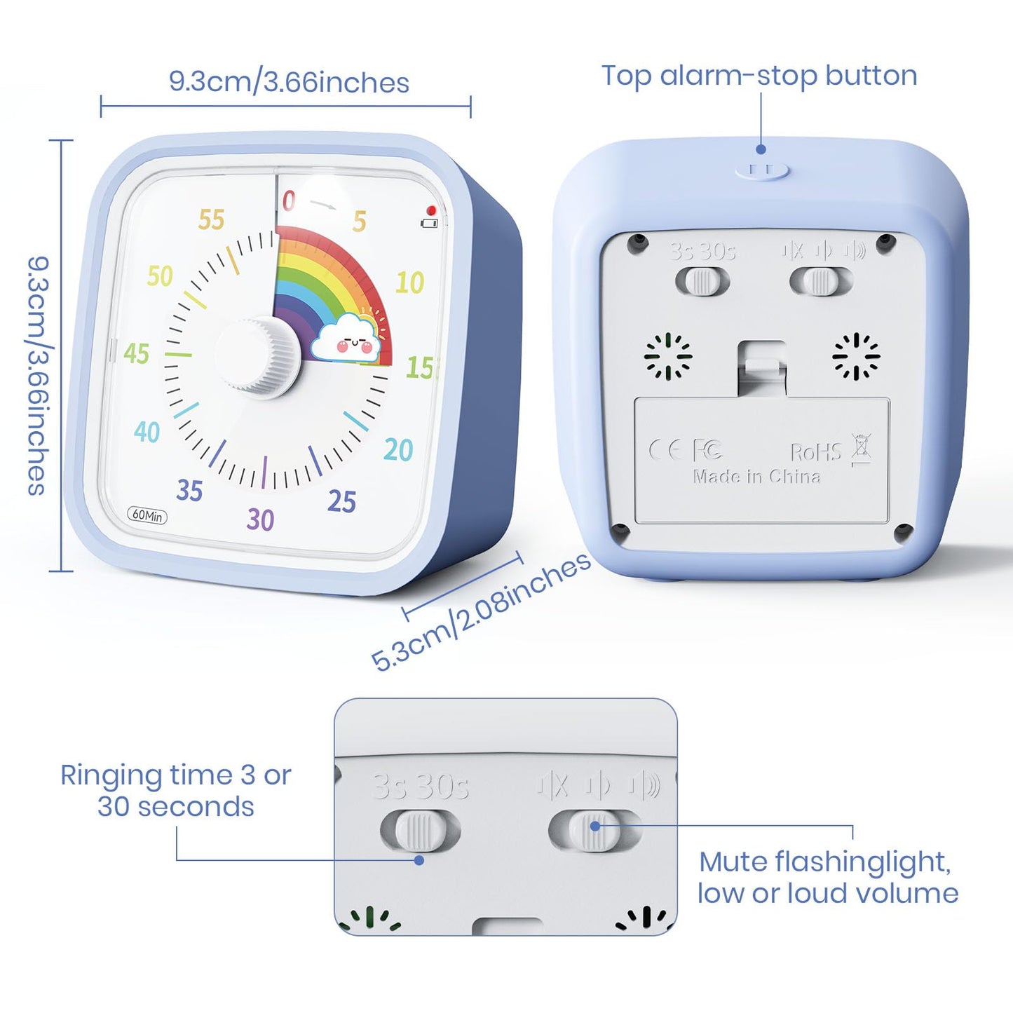 Yunbaoit Visual Timer with Protective Case, Rainbow Disk 60 Minute Countdown Timer for Kids and Adults, Silent Time Management Tool(Blue Rainbow)