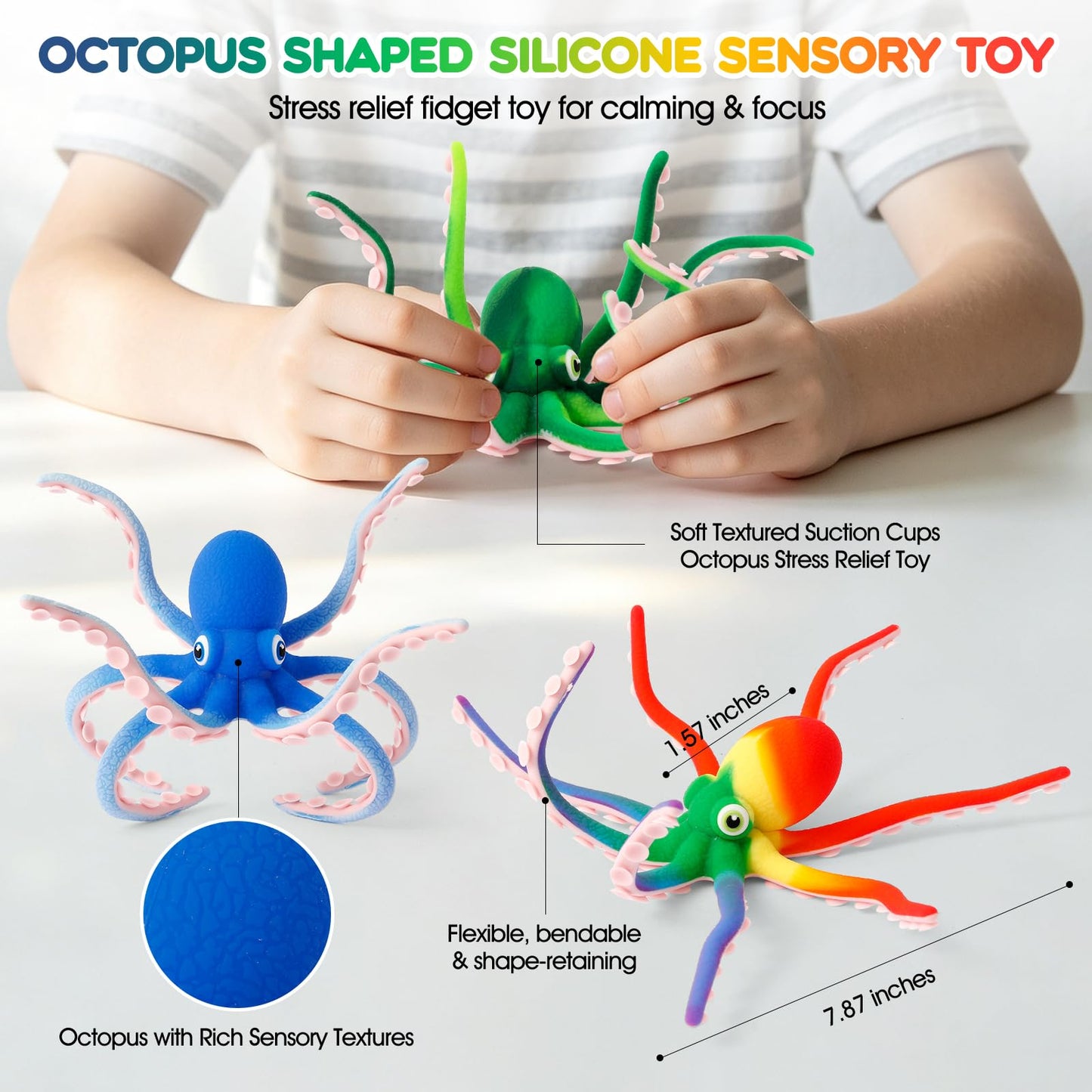 Octopus Fidget Toy - Sensory Stress Relief Toy with Suction Cups for Kids Teens and Adults - Bendable Tentacles Squishy Toy for Anxiety Relief (2 Pcs-Camoblue&Rainbow)
