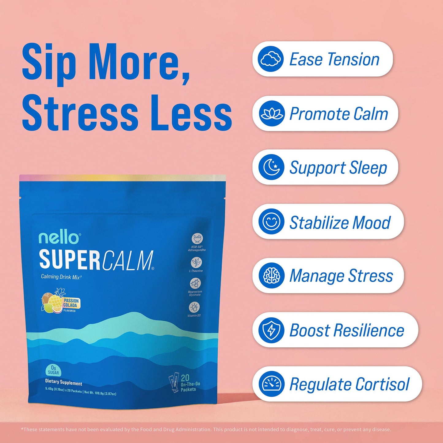 Nello Supercalm Powdered Drink Mix, Cortisol Reducer and Sleep Aid Supplement, L Theanine, Ksm-66 Ashwagandha, Magnesium Glycinate, Vitamin D 3, No Sugar, Non GMO, On The Go, 20 Ct, Raspberry Lemonade