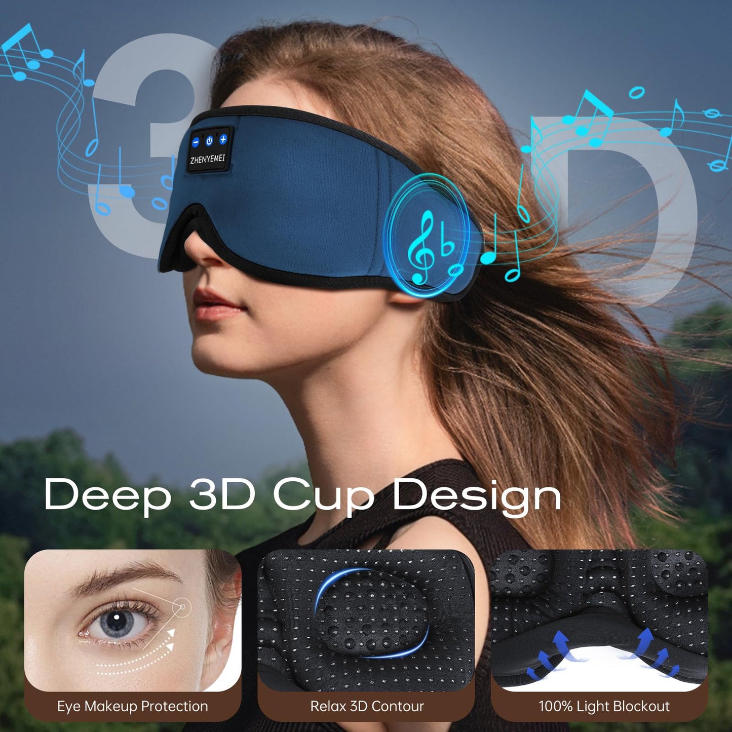 Bamboo Cotton Large Sleep Mask with Bluetooth Wireless Headphones - Blackout Eye Mask for Sleeping 3D Contoured Sleep Eye Cover Headband Ear Plugs Low Noise Hook for Men Women Better Experience (Grey)