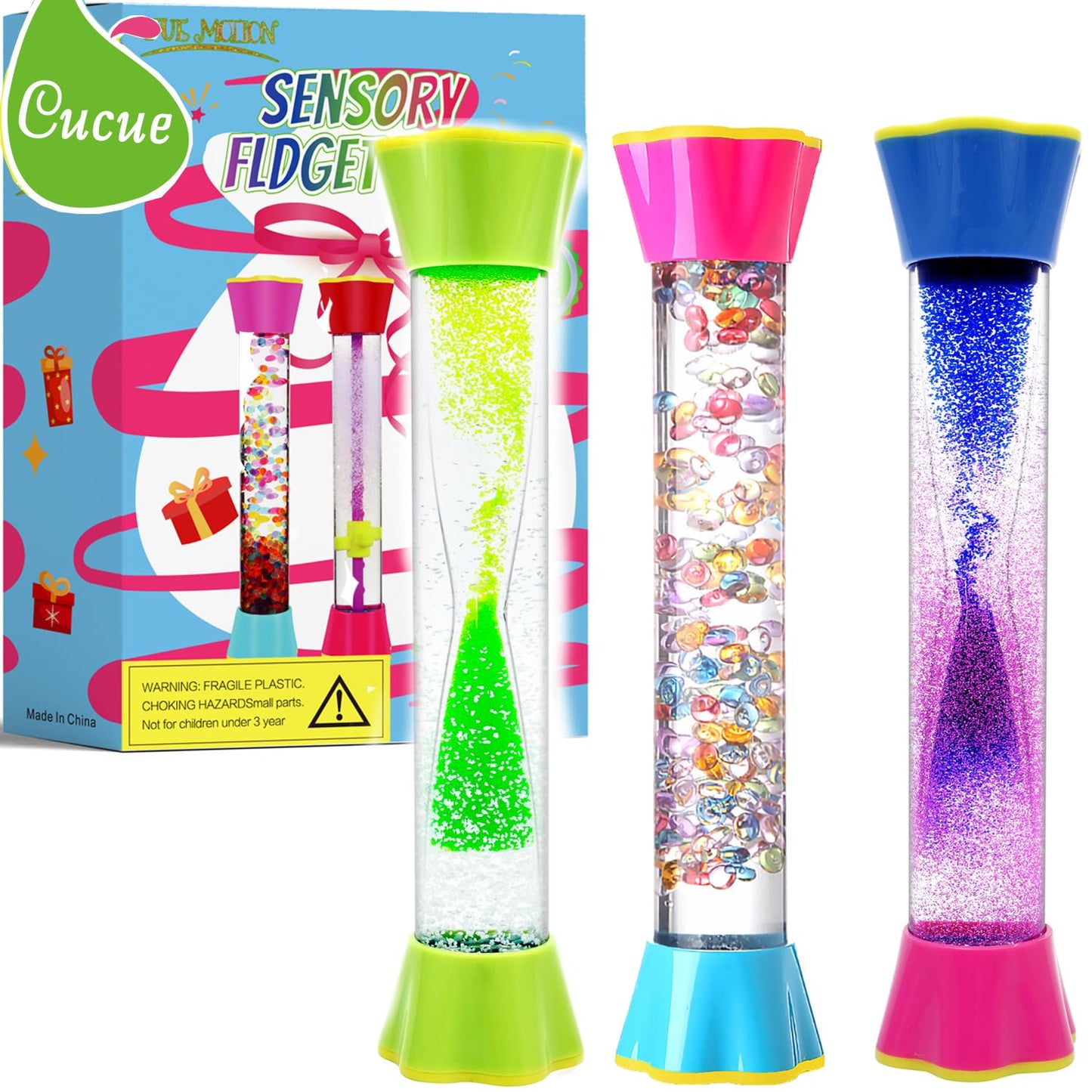 Sensory Fidget Tubes - Calming Toys for Kids & Adults- Sensory Tube with Glitter Bottle, Gravity Spinner, Bubble Drop Spiral - Fidget Toys for Classroom, Desk Decor, Office ( 2 Pack )