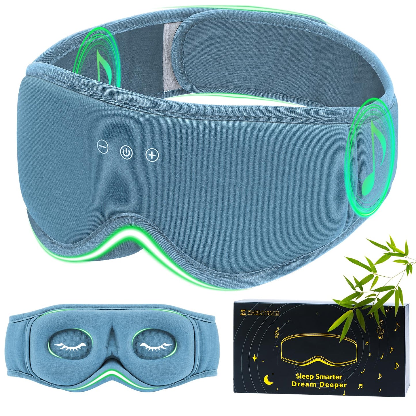 Bamboo Cotton Large Sleep Mask with Bluetooth Wireless Headphones - Blackout Eye Mask for Sleeping 3D Contoured Sleep Eye Cover Headband Ear Plugs Low Noise Hook for Men Women Better Experience (Grey)