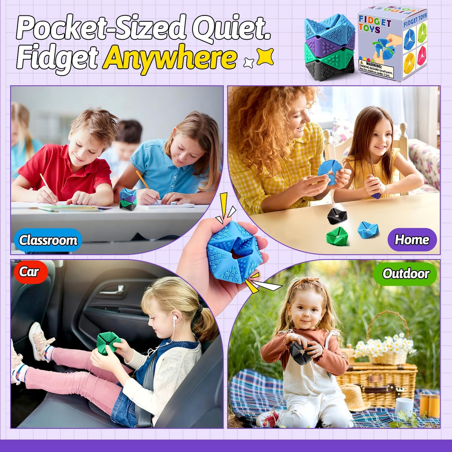 Sensory Fidget Toys, 4PCS Textures Sensory Flip Cube Quiet, Silicone Anxiety Relief for Autism ADHD, Novelty Toy for Kids or Adults, Best Gifts