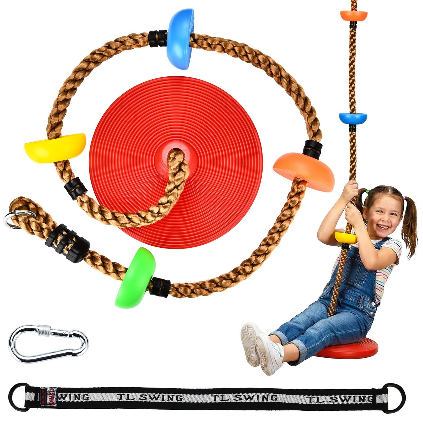 HeyZoo Tree Swing for Kids 330LB Capacity, Climbing Rope with Platforms and Disc Swing Seat Set Outdoor Backyard Playground Accessories with Carabiners and Thickened Strap, Green
