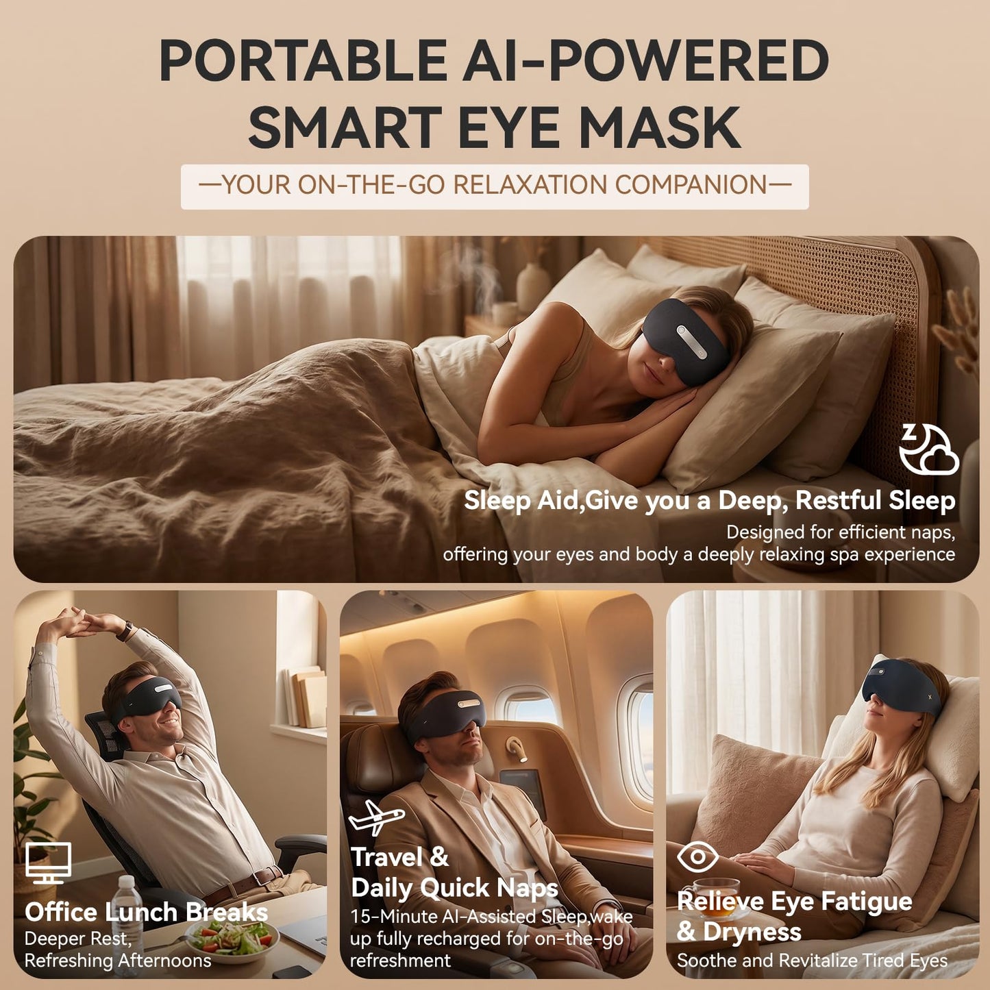 𝐀𝐈-𝐏𝐨𝐰𝐞𝐫𝐞𝐝 Neuro Sleep Eye Masks+Sleep Aid+Sleep Analysis with Hot Compress/Vibration Massage/Voice Prompt/Relaxing Music/Light Shielding/Mild Sensory Feedback/Adjustable Strap/Box, Balck