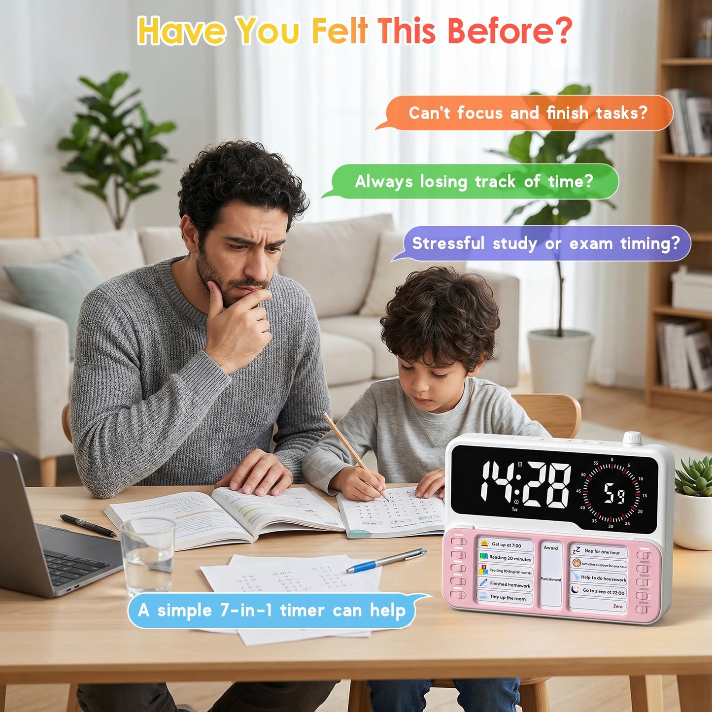 7-in-1 Visual ADHD Timer for Kids with Chore Chart Board, ADHD Tools Schedule for Kids with Autism, Alarm, Countdown, Date, Temperature, Storage, Daily Checklist for Home/School/Classroom/Desk(Pink)