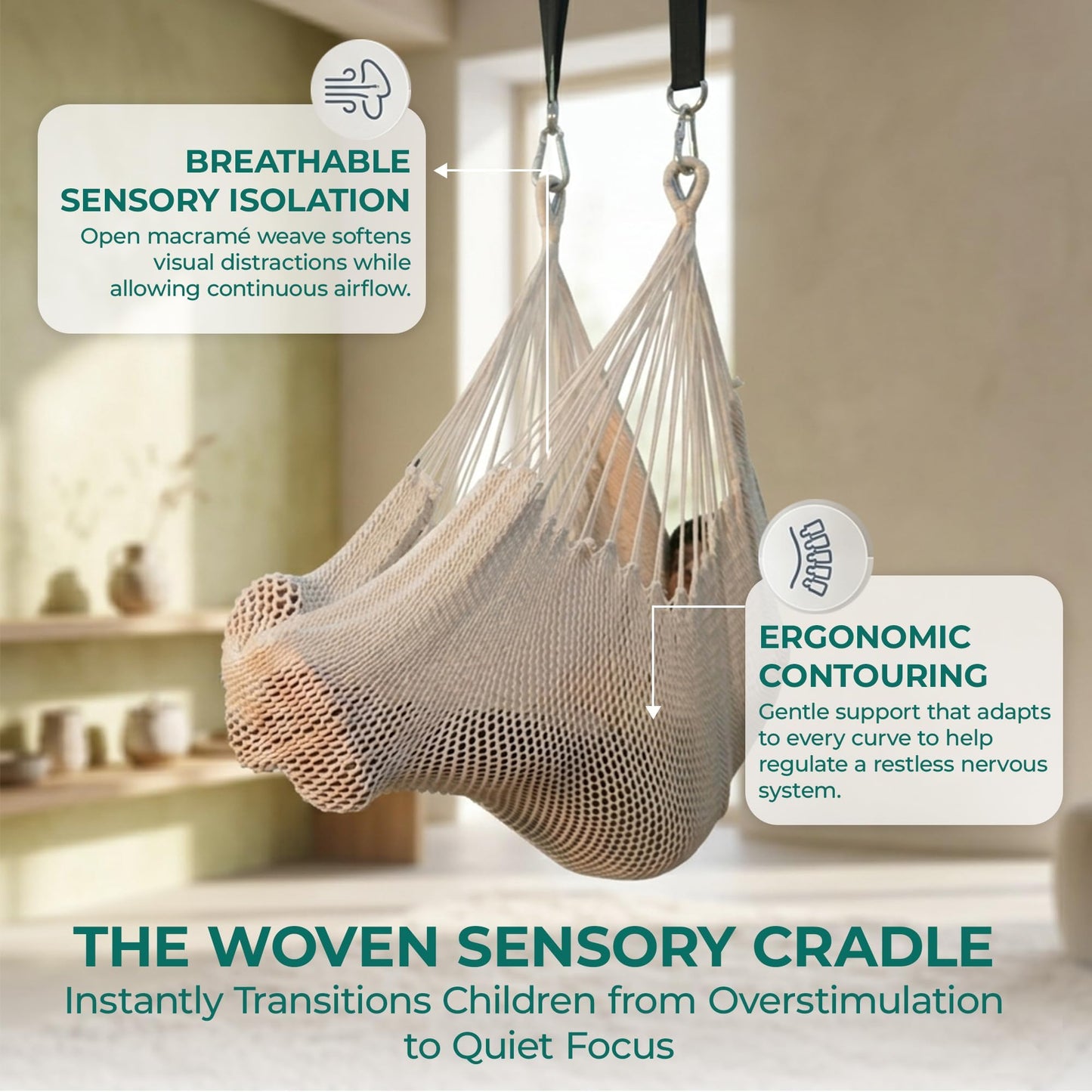 Abby & Noah Natural Handwoven Cotton Sensory Swing for Kids & Adults | Autism ADHD Therapy Swing with Hug-Like Calming Effect | Indoor Hanging Sensory Hammock | Holds Up to 300 lbs (Large-108 x76)