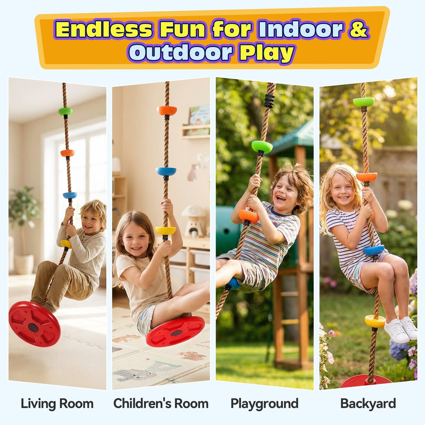 HeyZoo Tree Swing for Kids 330LB Capacity, Climbing Rope with Platforms and Disc Swing Seat Set Outdoor Backyard Playground Accessories with Carabiners and Thickened Strap, Green