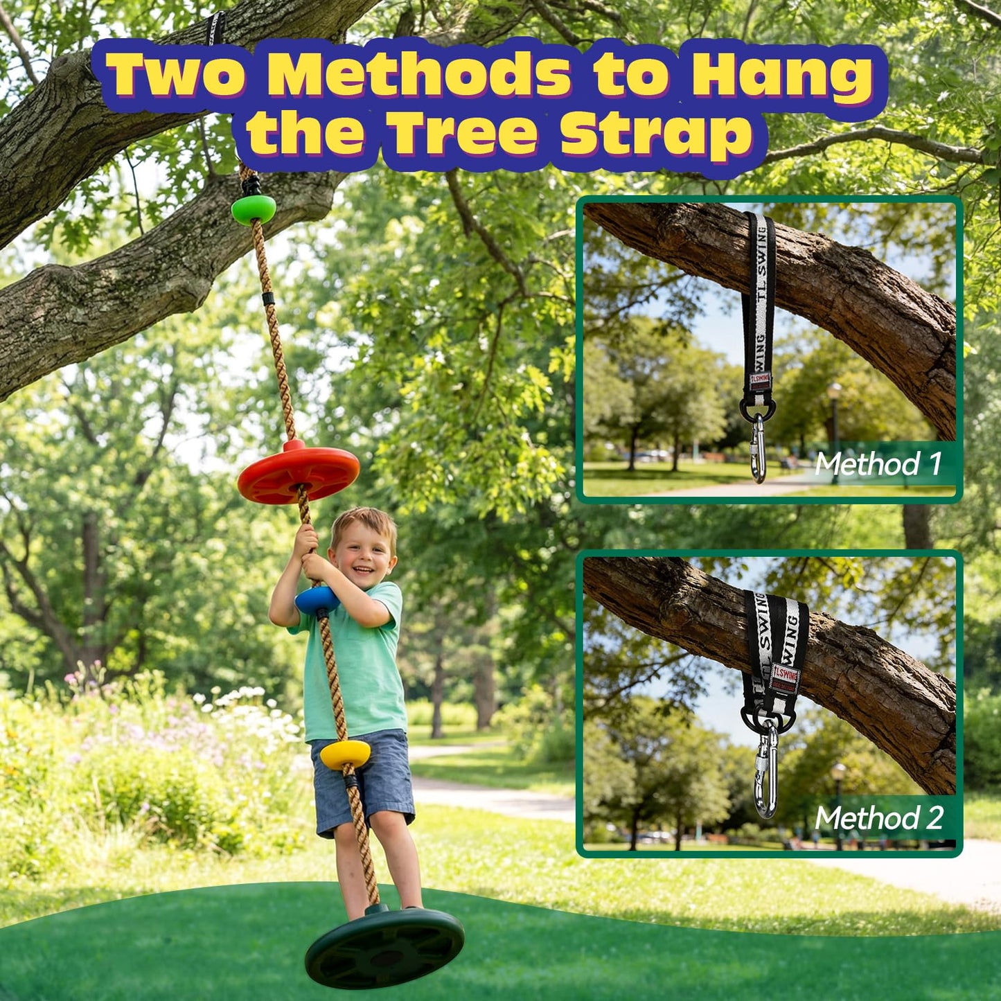 HeyZoo Tree Swing for Kids 330LB Capacity, Climbing Rope with Platforms and Disc Swing Seat Set Outdoor Backyard Playground Accessories with Carabiners and Thickened Strap, Green