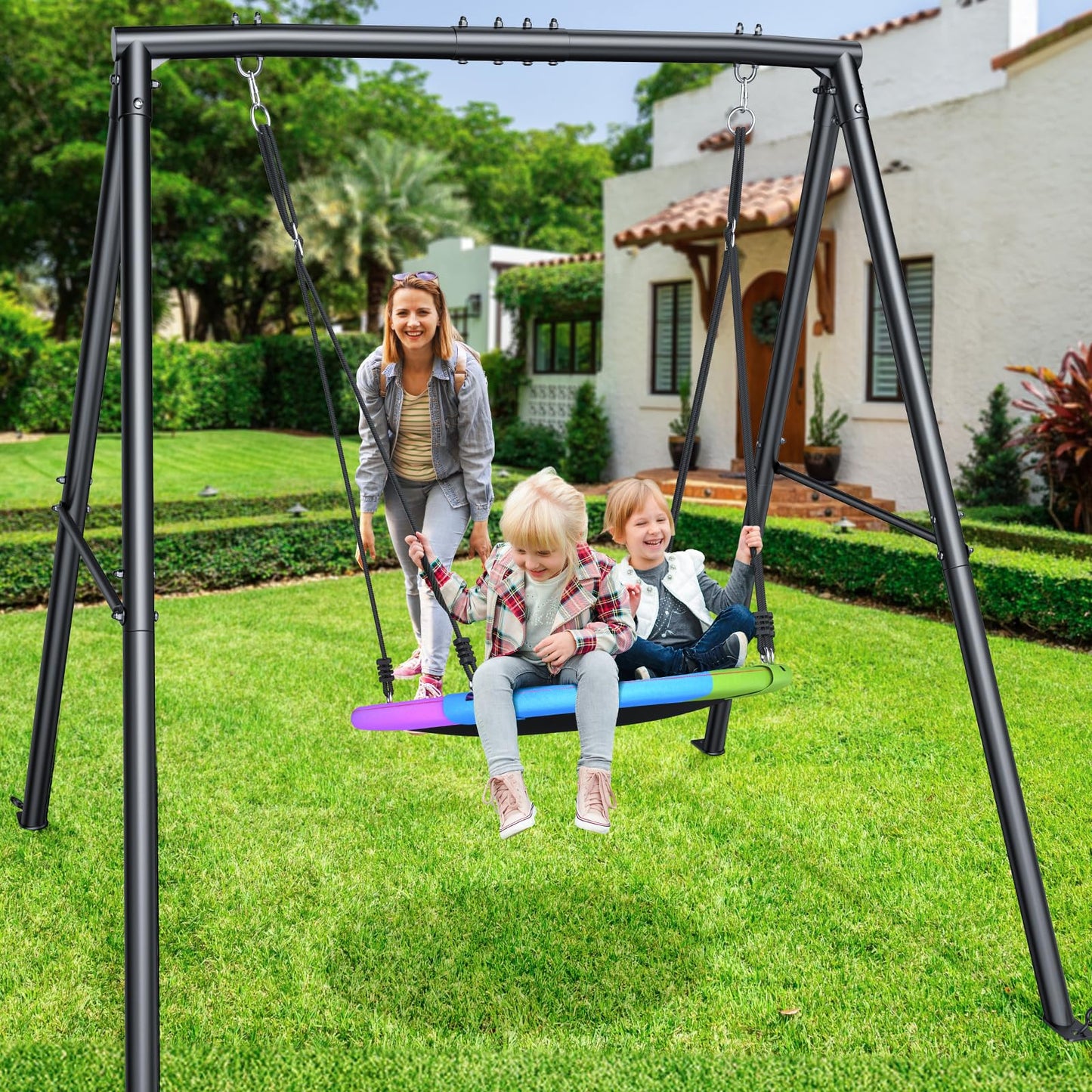 Trekassy Saucer Swing with Frame for Kids Outdoor, 440lbs Swing Set with Heavy Duty Metal Stand for Backyard, Outdoor Kids Play Equipment (Patented)