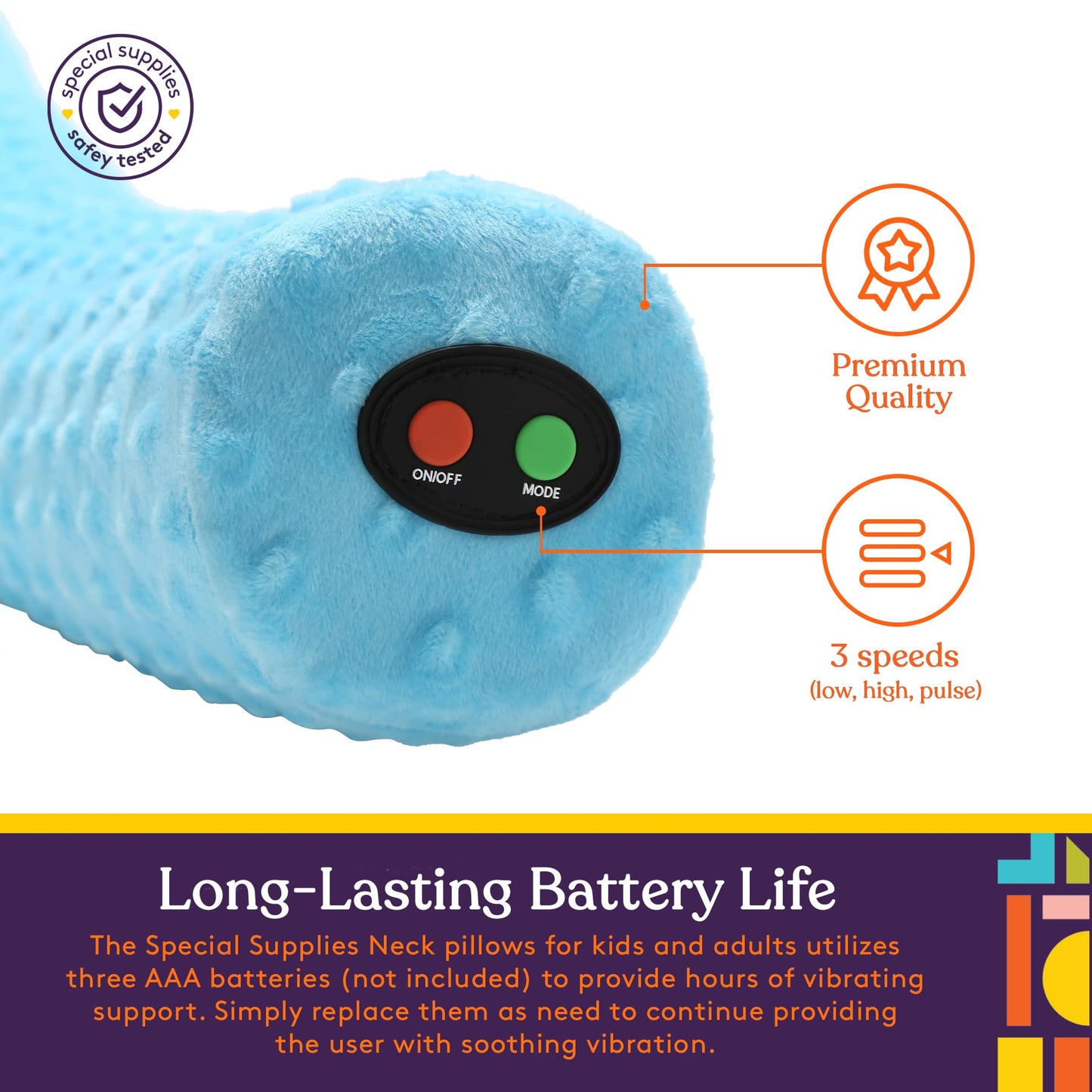 Special Supplies Sensory Vibrating Neck Pillow for Kids and Adults Plush Velvet Soft Cover with Textured Therapy Stimulation, Mind and Body Calming Relaxation - Blue