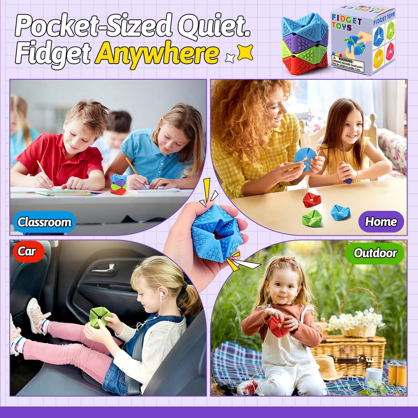 Sensory Fidget Toys, 4PCS Textures Sensory Flip Cube Quiet, Silicone Anxiety Relief for Autism ADHD, Novelty Toy for Kids or Adults, Best Gifts