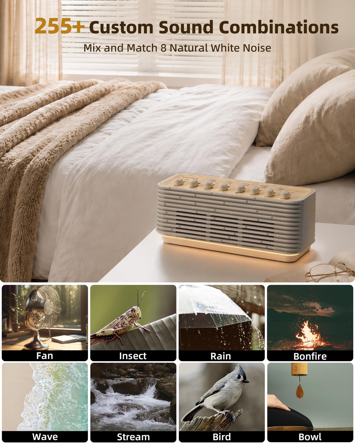 White Noise Sound Machine for Sleep, 255+ Natural Sound Combinations, Breathing Night Light with Sleep Timer, Volume Control, Rechargeable Bluetooth Speaker, Bedroom Relaxation Baby Kids Adults
