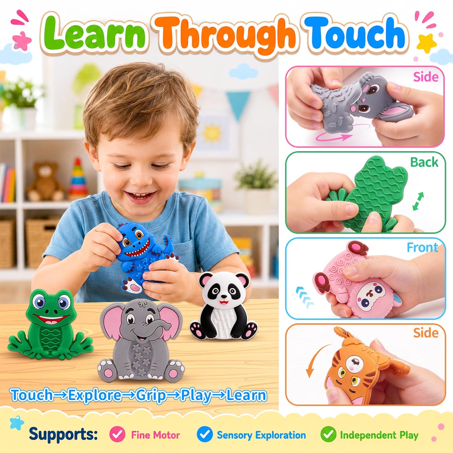 12 Pack Animal Sensory Toys for Kids Toddlers, Textured Silicone Fidget Toys, Quiet Travel Toys for Airplane, Car Rides, Preschool & Home Sensory Play, Classroom Calm Corner Toys